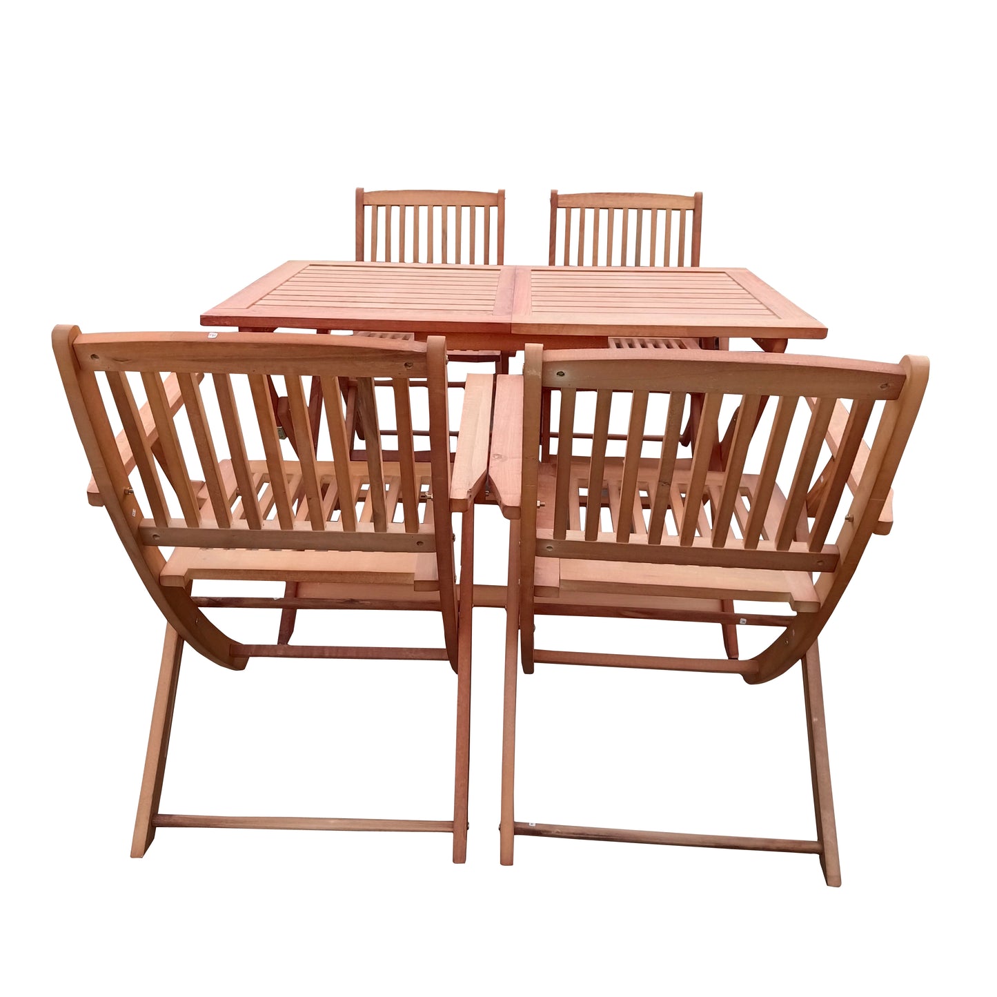 Wooden outdoor dining set with slatted table and four chairs perfect for patio gatherings
