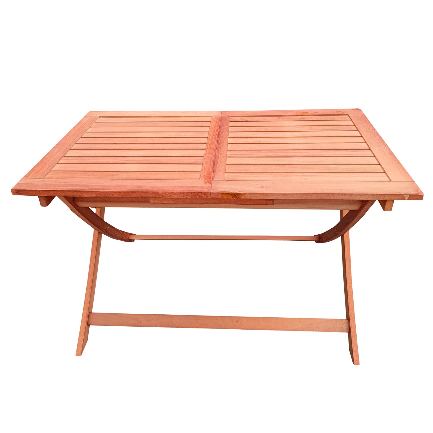 Rectangular natural wood folding outdoor table with slatted top and crossbar support