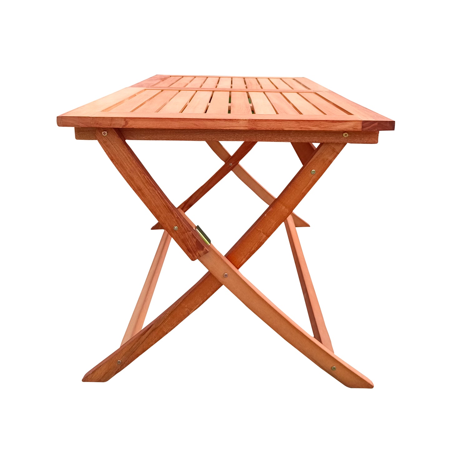 Brown wooden slatted folding dining table with Xshaped legs