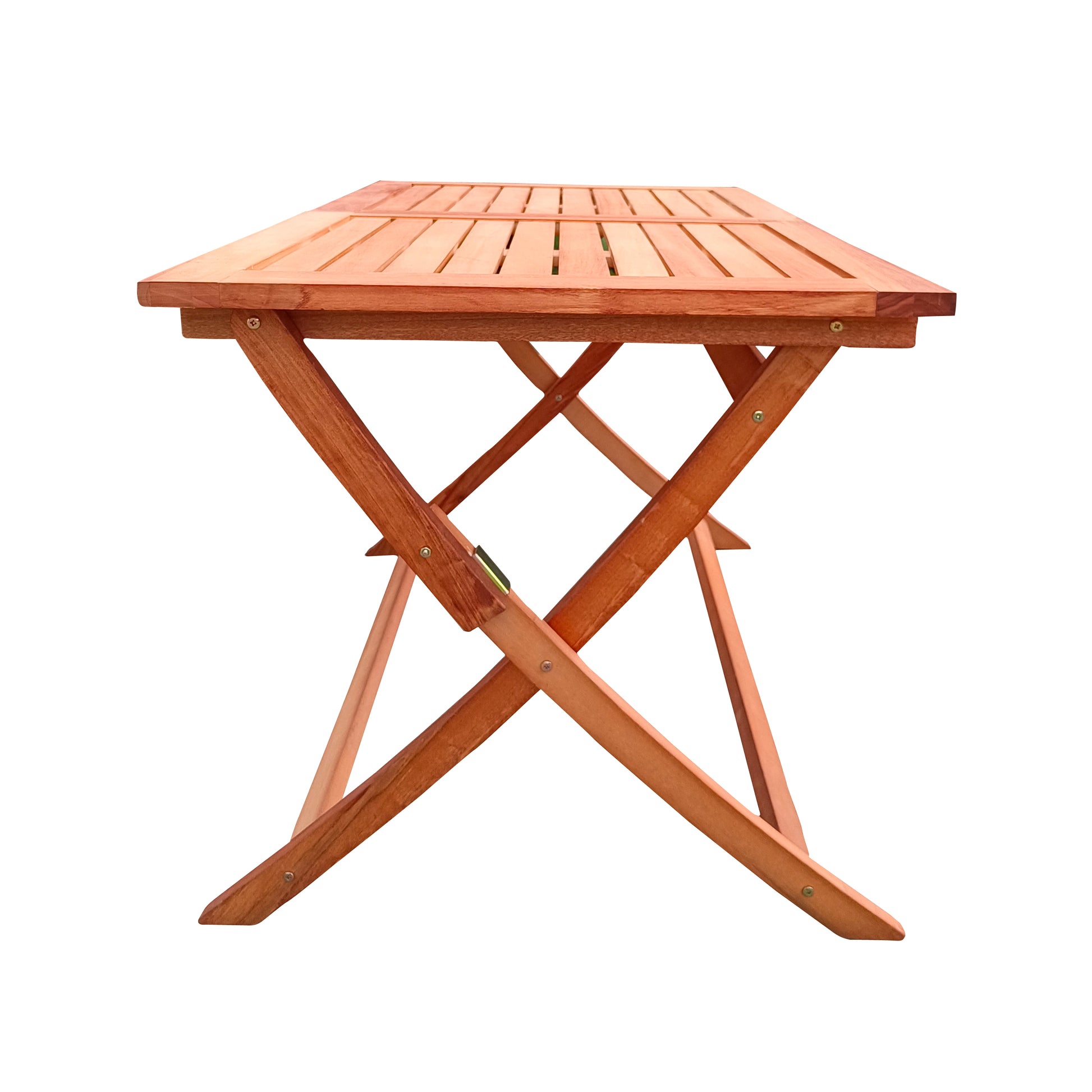 Brown wooden slatted folding dining table with Xshaped legs