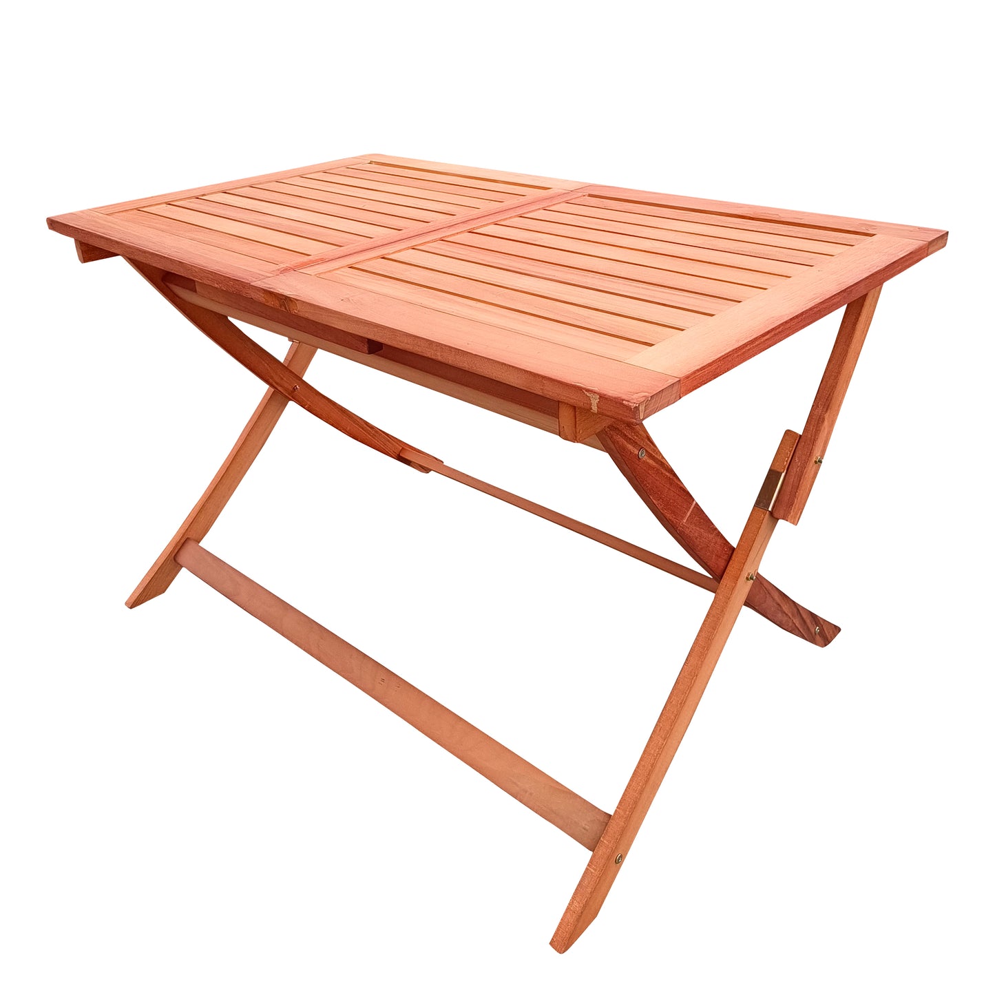 Natural wood folding patio table with slatted top and Xframe legs