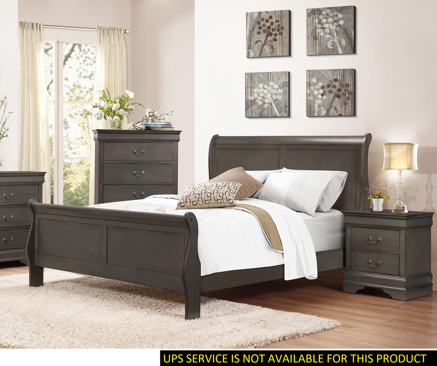 Dark wood sleigh bed frame with white bedding and accent pillows