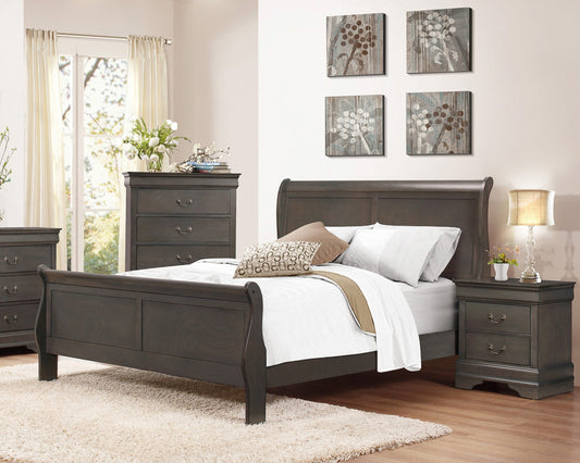 Dark wood sleigh bed with white bedding and decorative pillows
