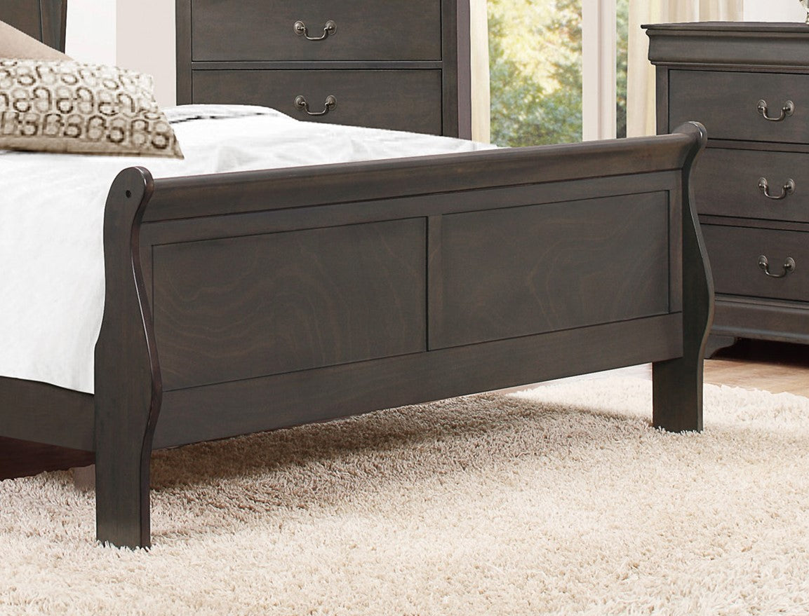 Dark brown sleigh bed frame with decorative headboard