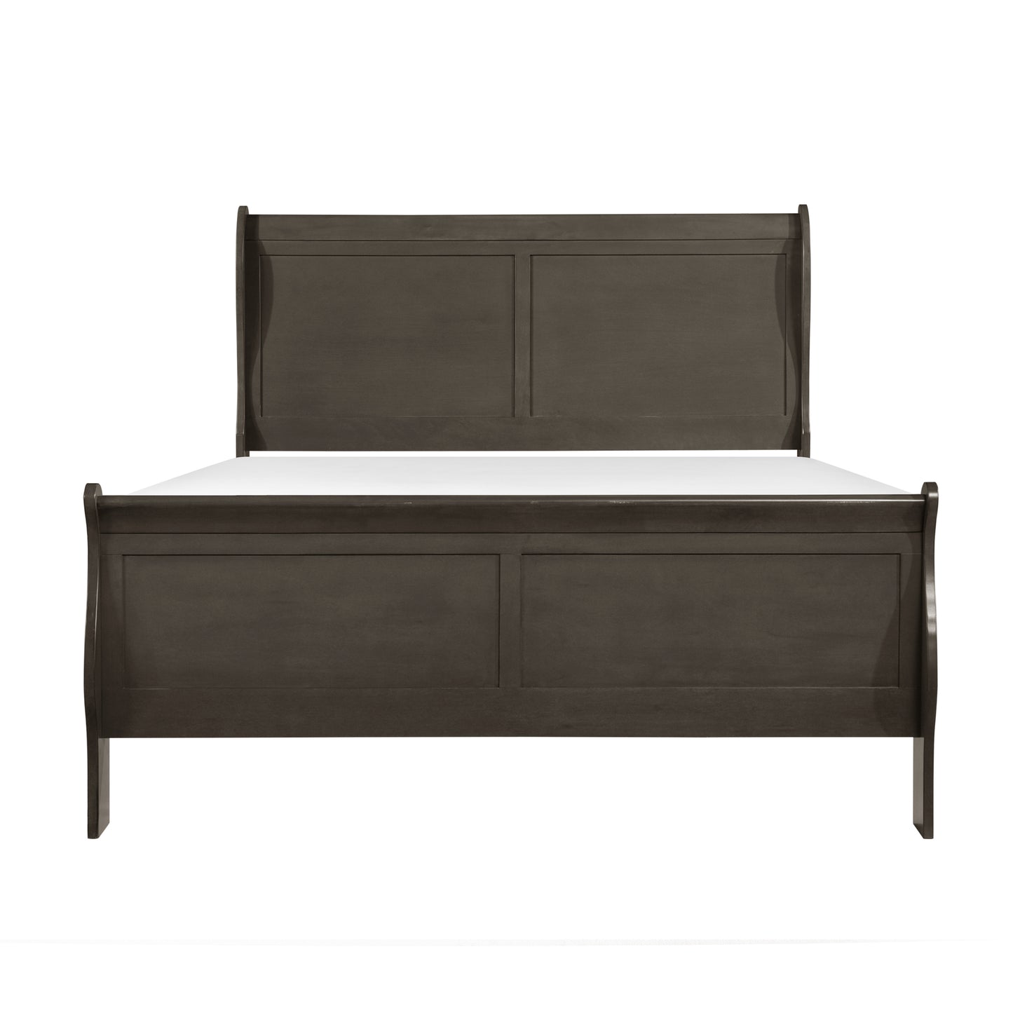 Dark brown wooden sleigh bed frame with upholstered headboard and footboard