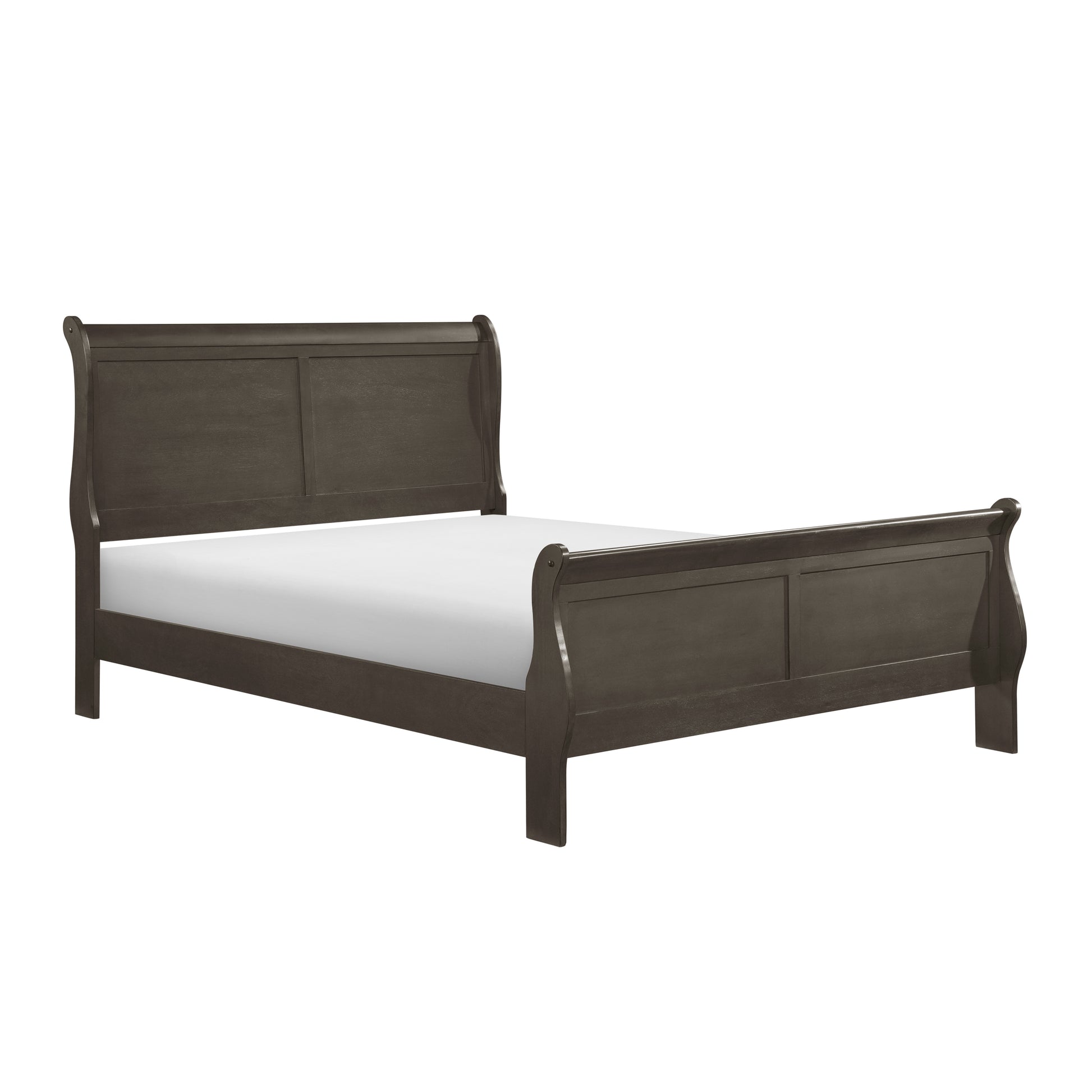Dark brown wooden sleigh bed frame with a white mattress