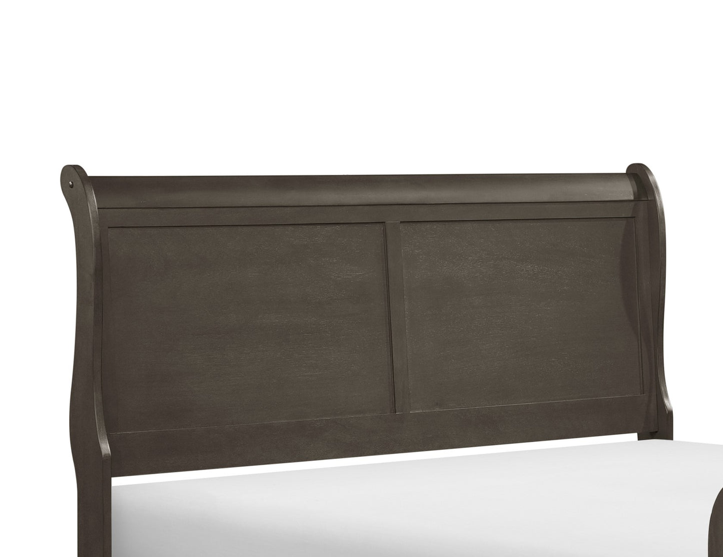 Dark brown wooden sleigh bed headboard with panel detailing