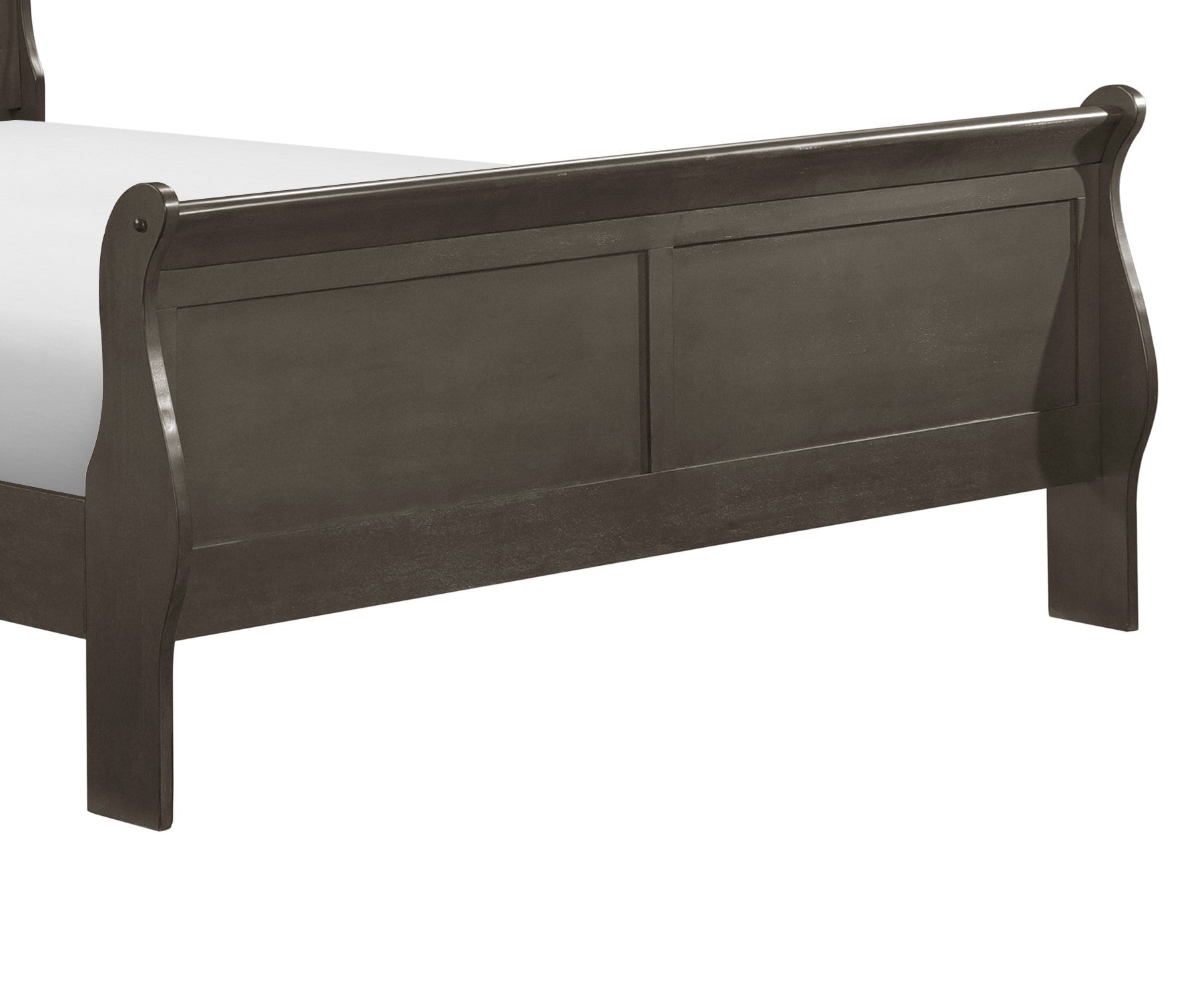 Dark grey wooden sleigh bed frame headboard detail