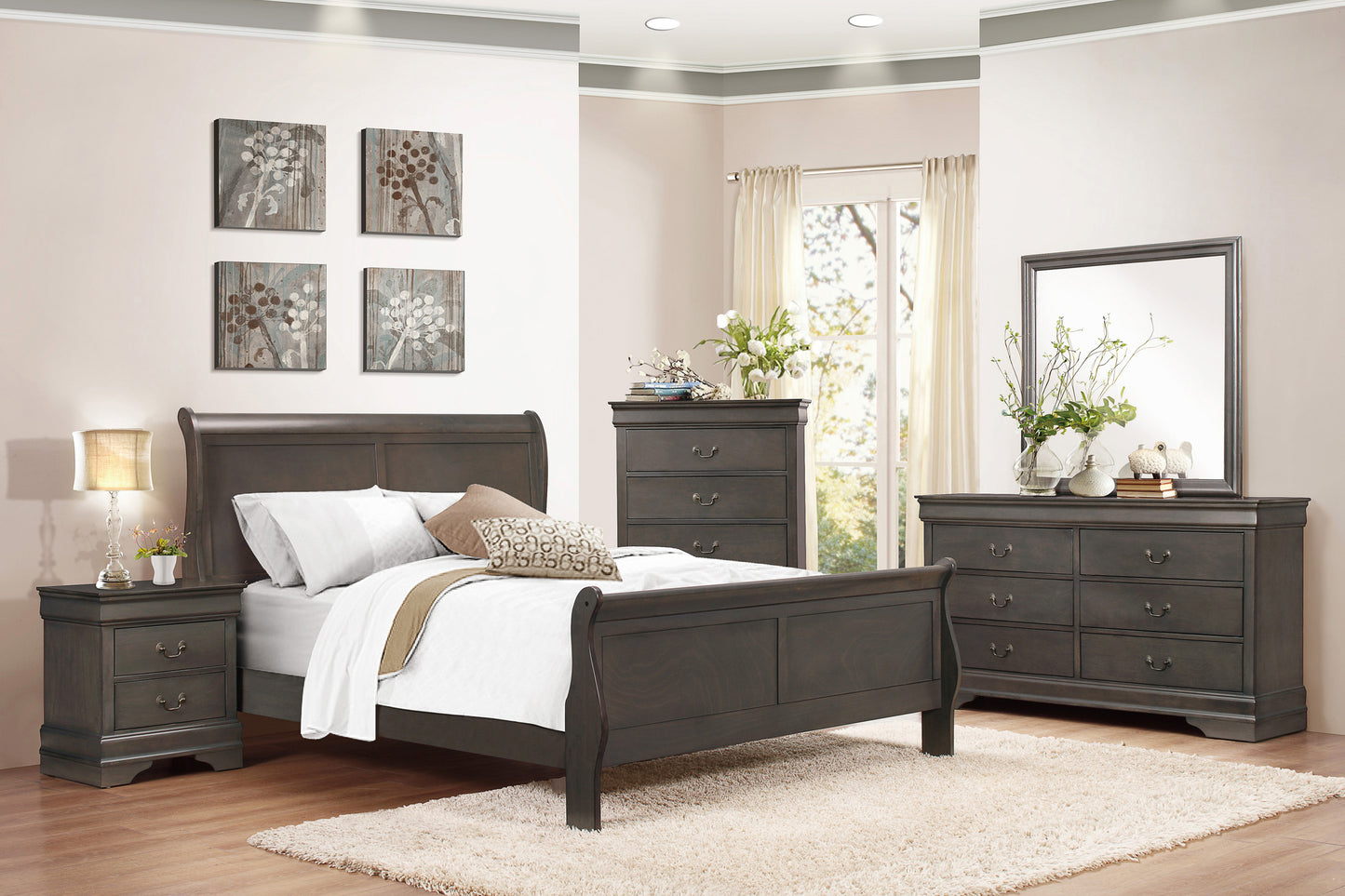 Dark oak sleigh bed frame with white bedding and accent pillows