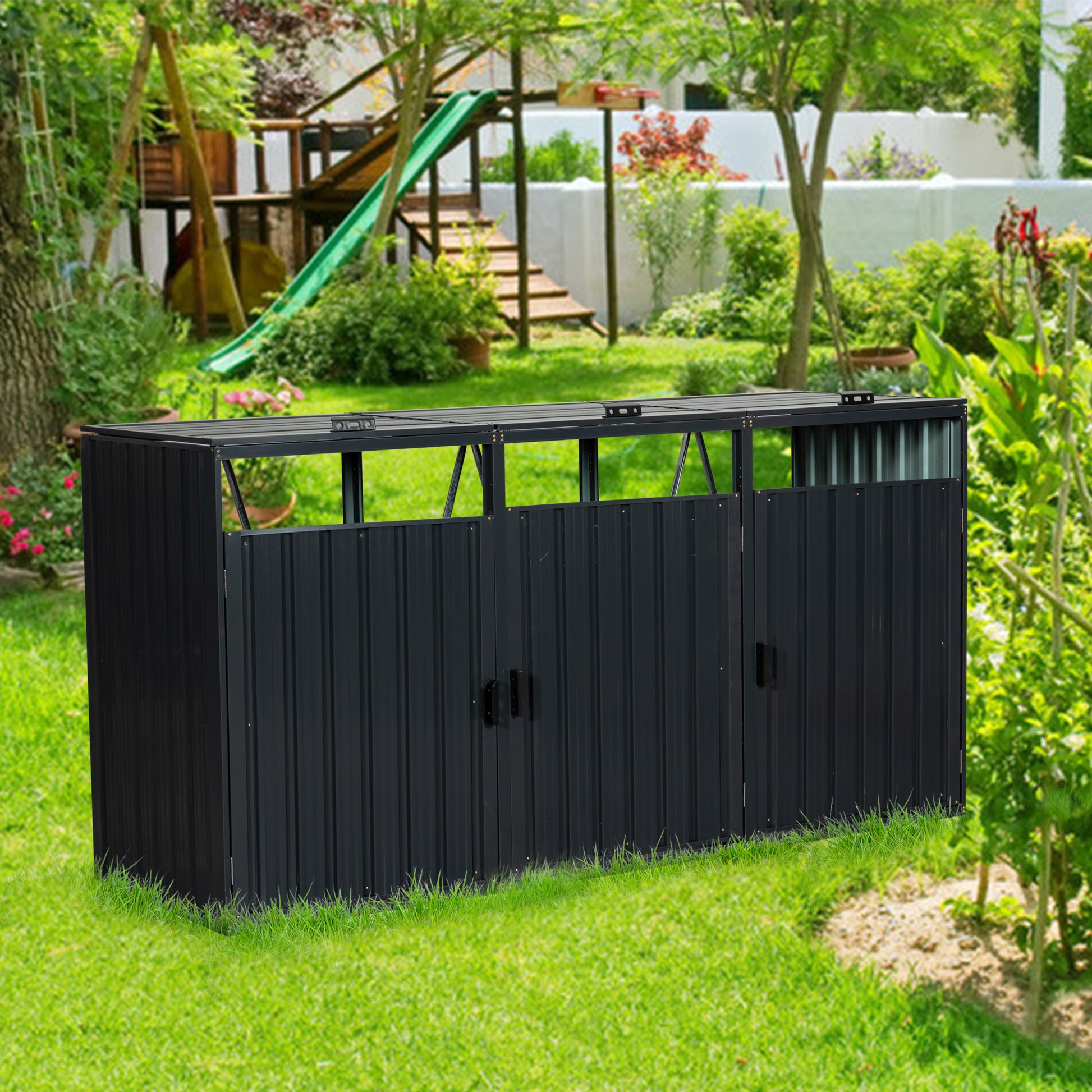 Black metal outdoor storage shed with double doors and sloped roof ideal for garden tools
