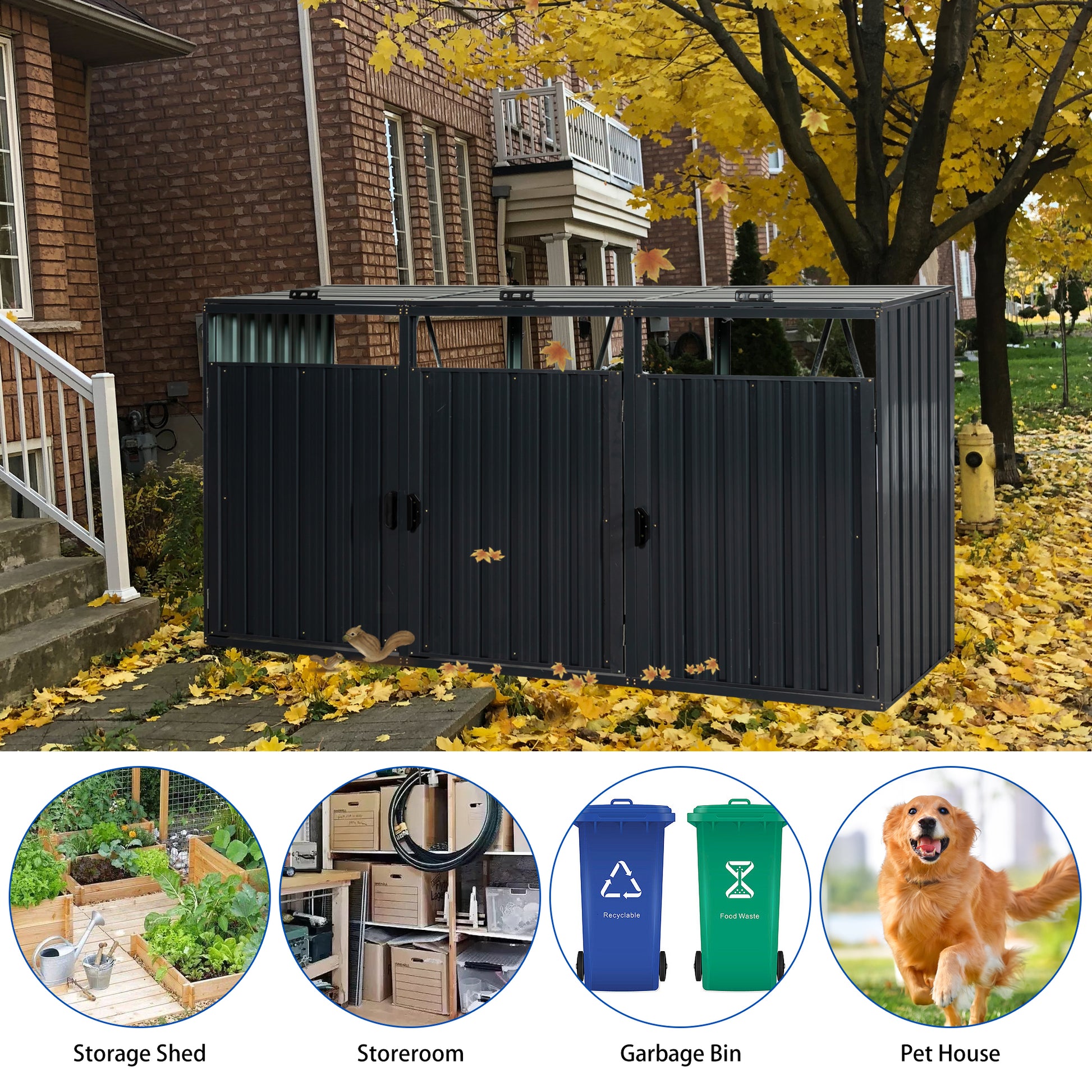 Large dark gray corrugated metal outdoor storage bin with double doors in fall foliage