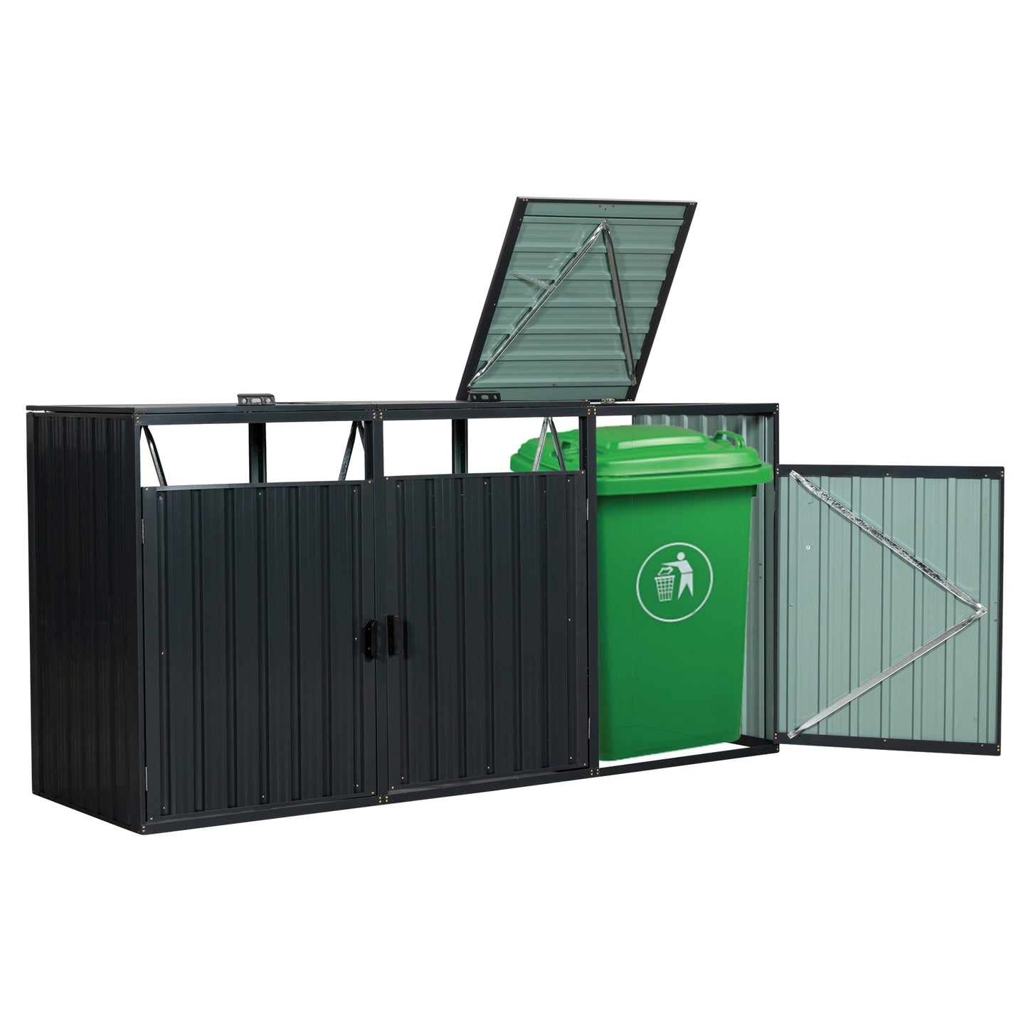 Dark gray metal outdoor storage unit with a green bin inside and an open door