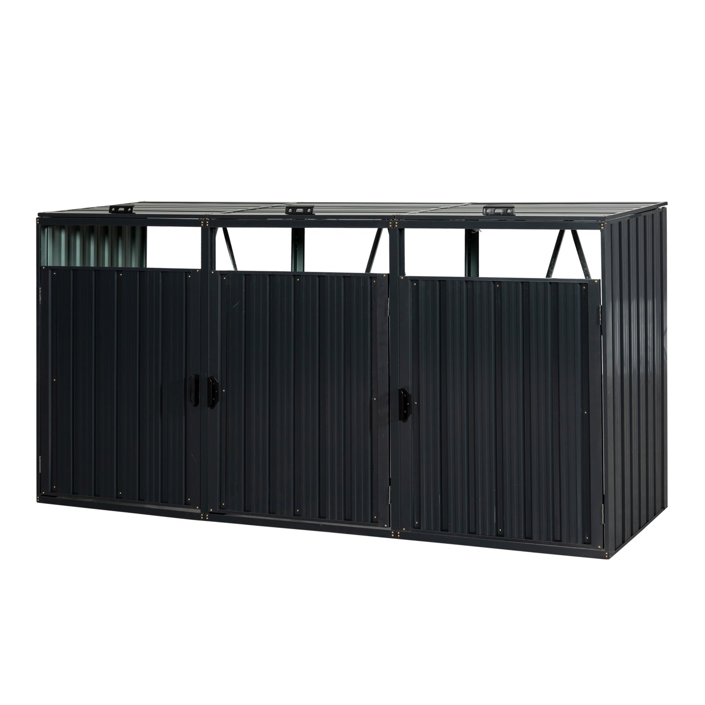 Dark gray corrugated metal storage shed with double doors for outdoor garden tools