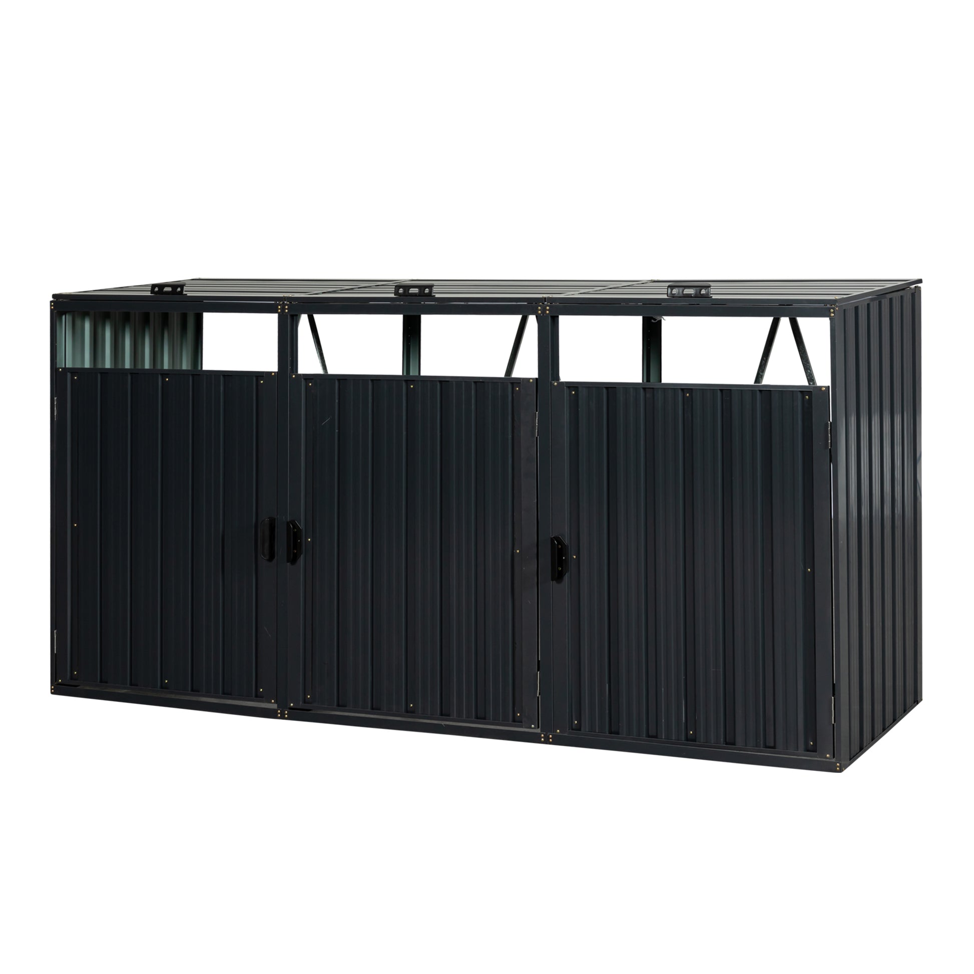 Dark gray corrugated metal storage shed with double doors for outdoor garden tools