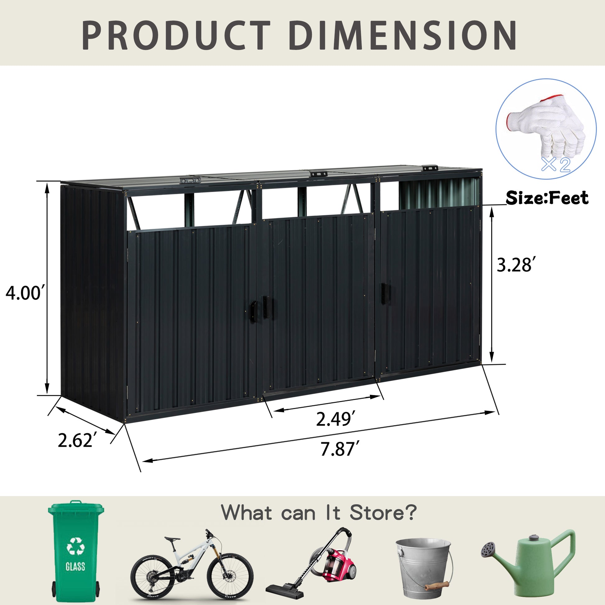 Dark gray metal outdoor storage shed with double doors and three compartments
