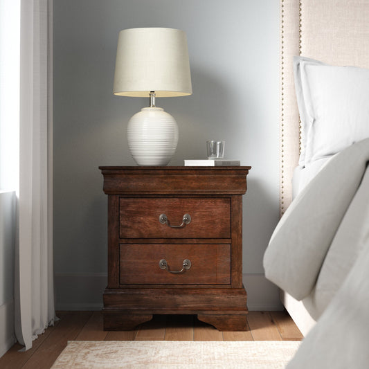 Dark wood nightstand with two drawers and ornate pulls