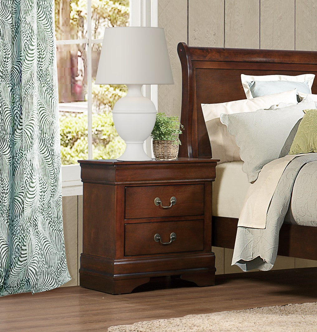 Dark wood nightstand with two drawers and brass pulls
