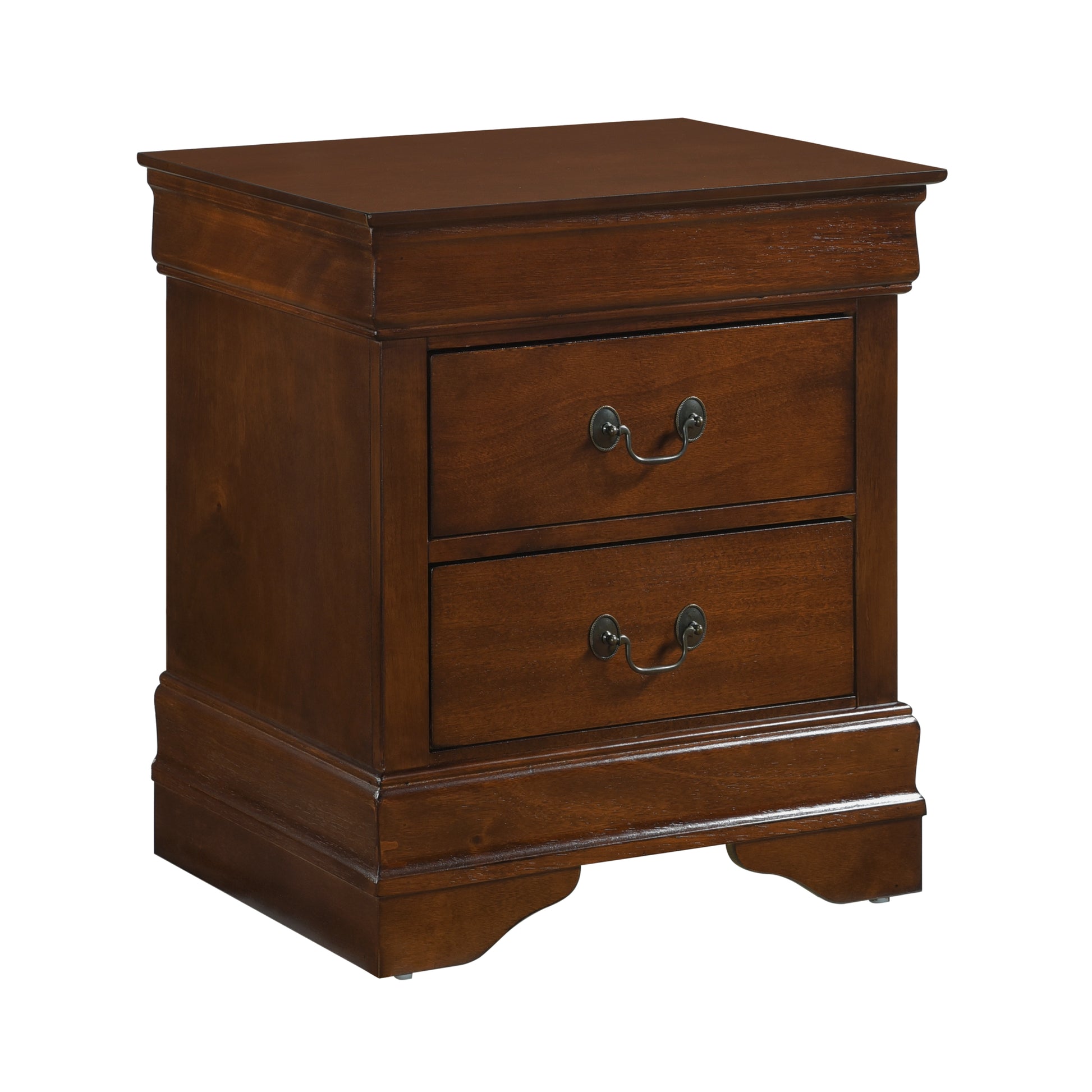Rich brown wood nightstand with two drawers and ornate metal pulls