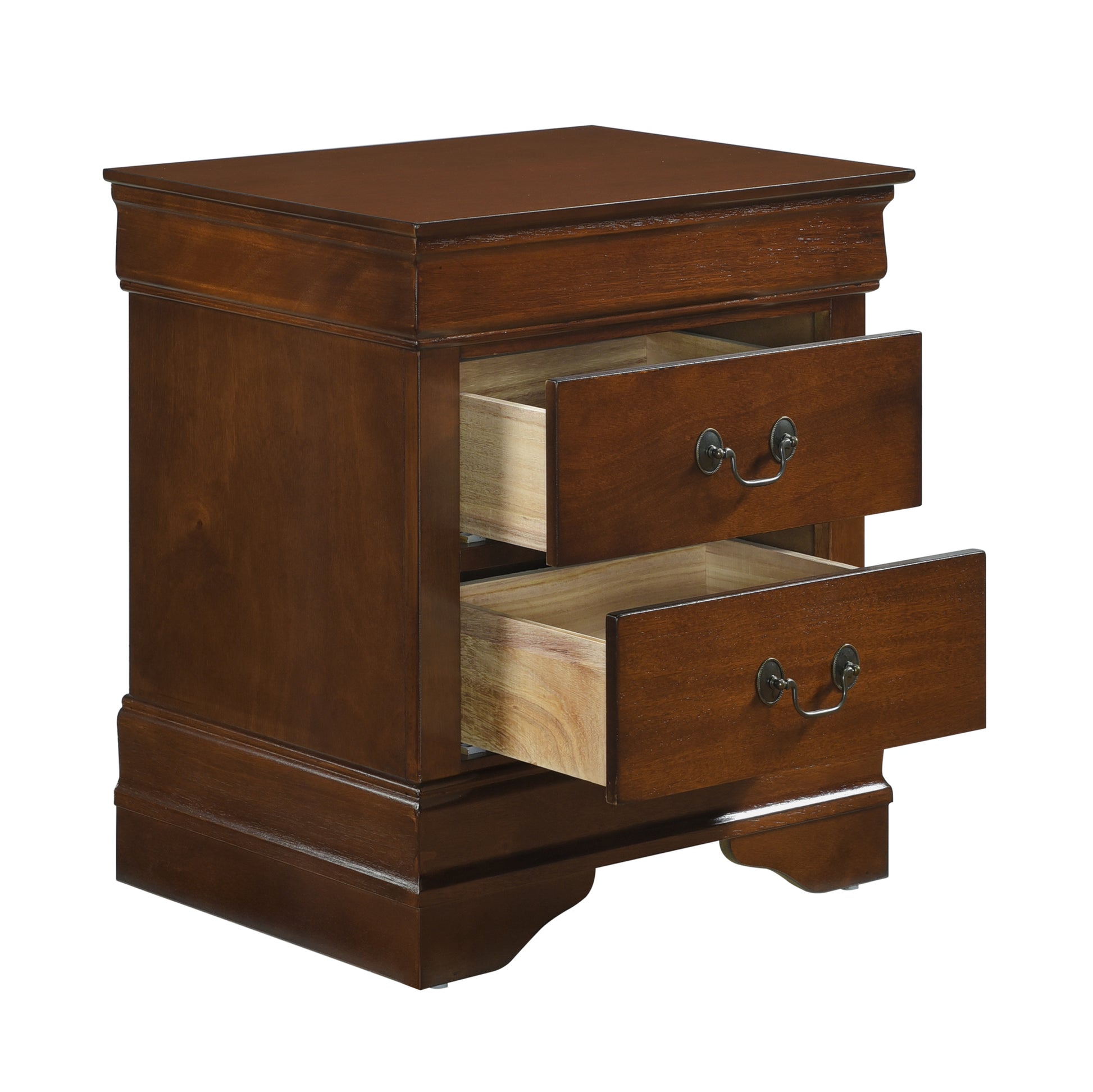 Classic brown wooden nightstand with two open drawers and ornate hardware