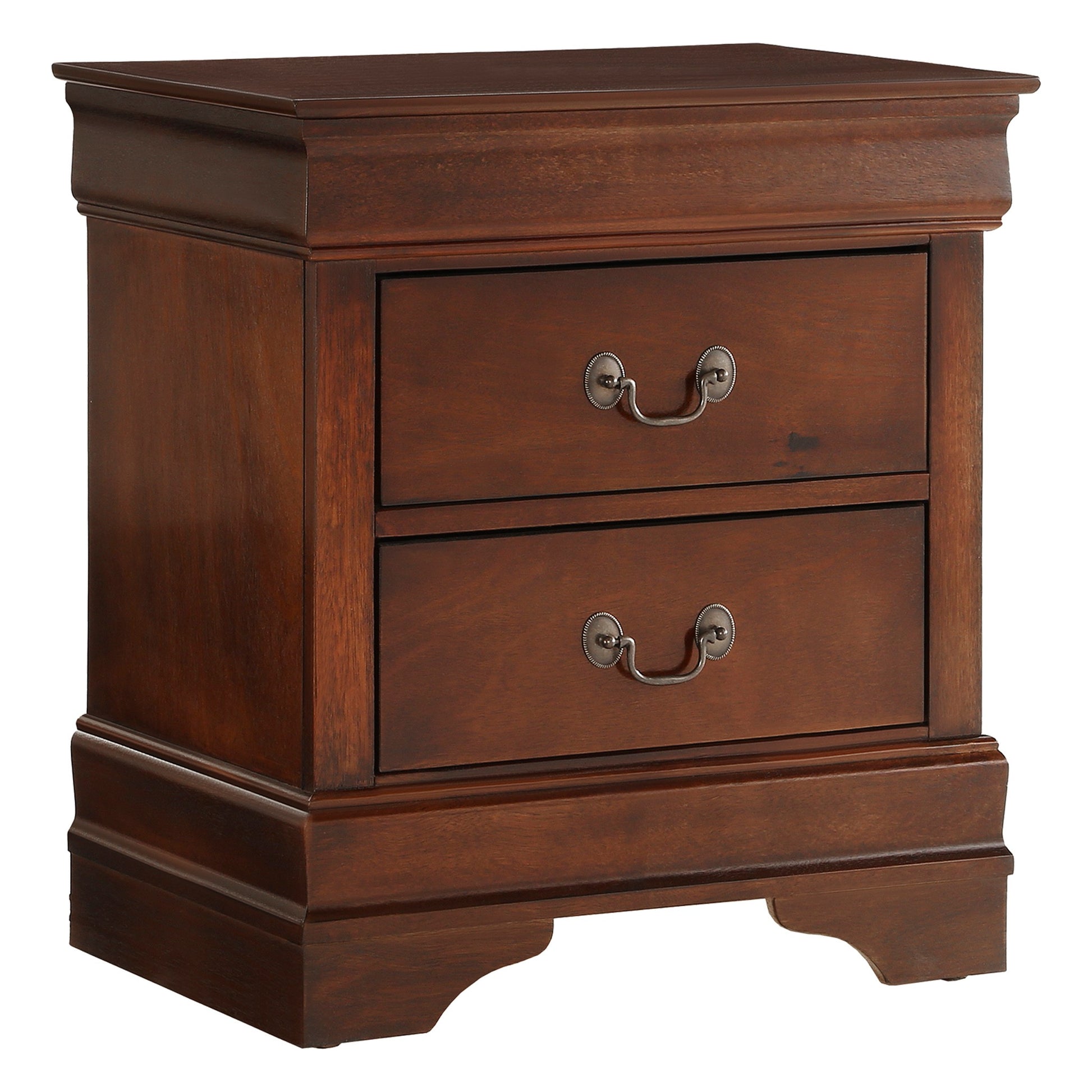 Dark brown wood nightstand with two drawers and ornate metal pulls