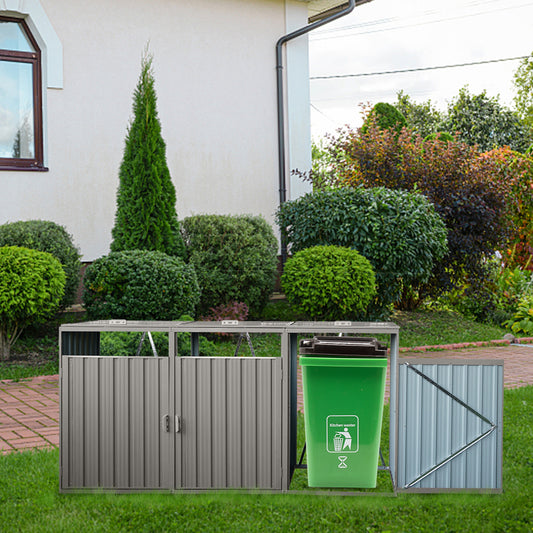 Galvanized steel triple outdoor bin store with green kitchen waste bin