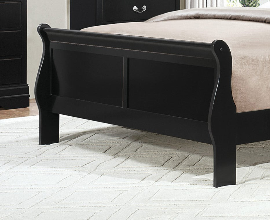Black wooden sleigh bed frame with elegant curved headboard