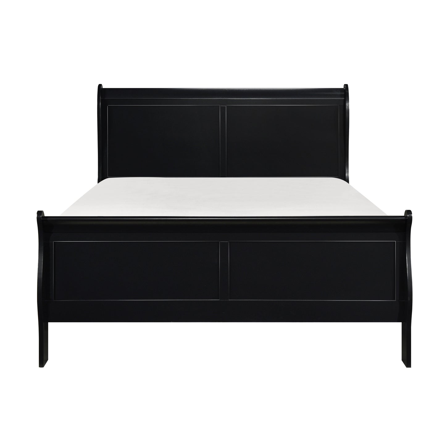 Black wooden sleigh bed with paneled headboard and footboard