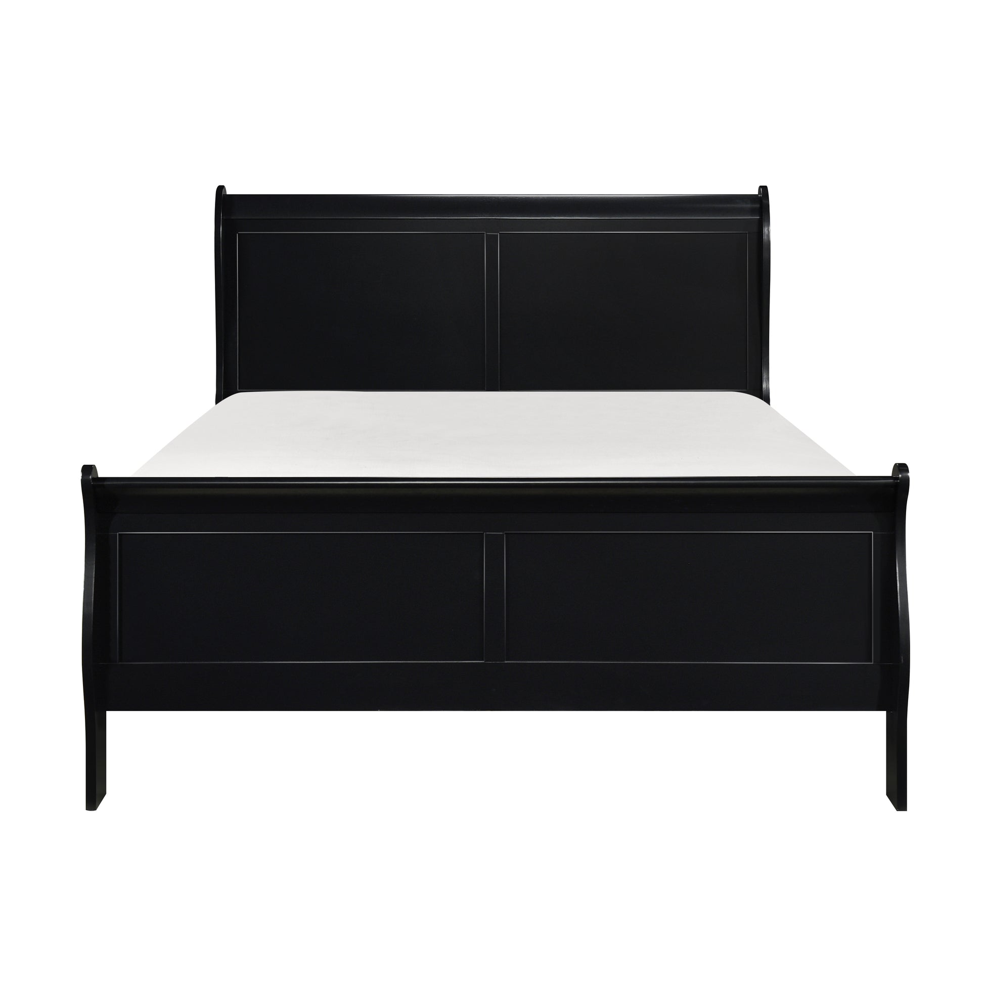 Black wooden sleigh bed with paneled headboard and footboard
