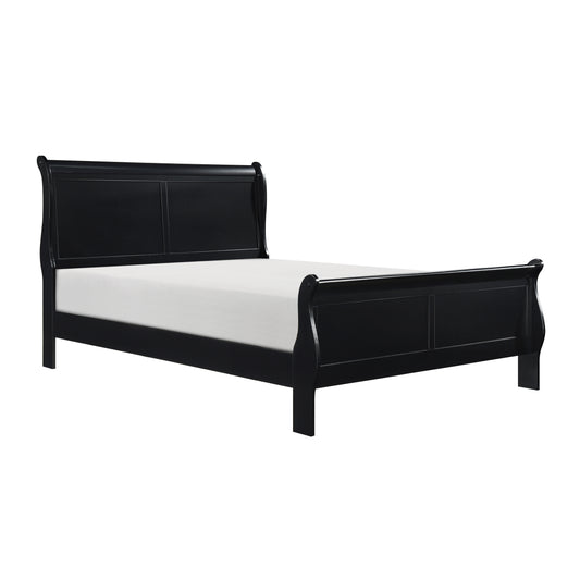 Black sleigh bed frame with white mattress