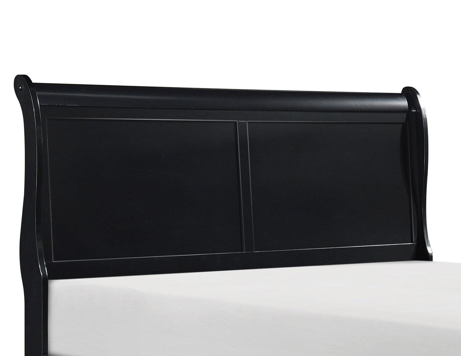 Black wooden sleigh bed headboard with elegant curves