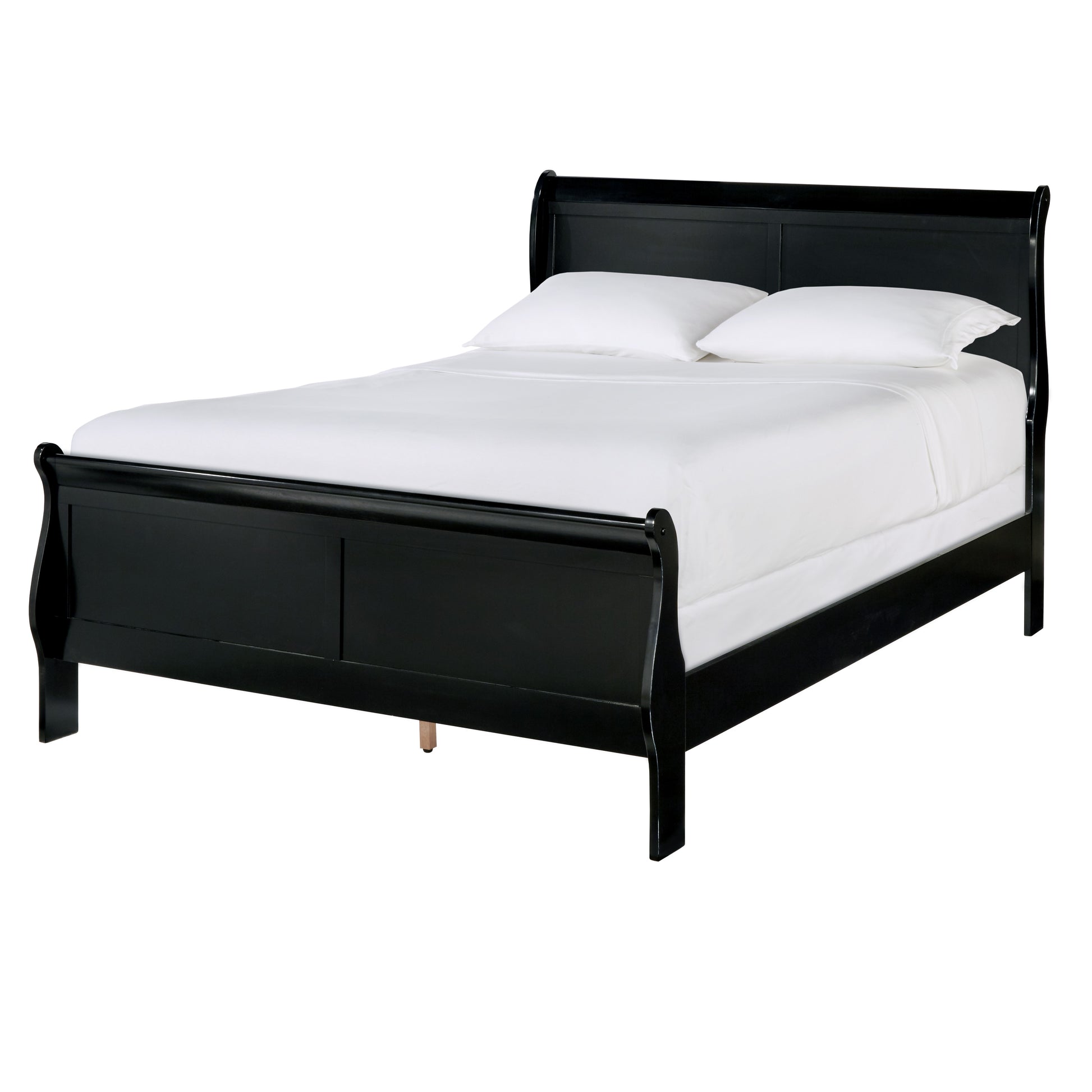 Black wooden sleigh bed with white bedding