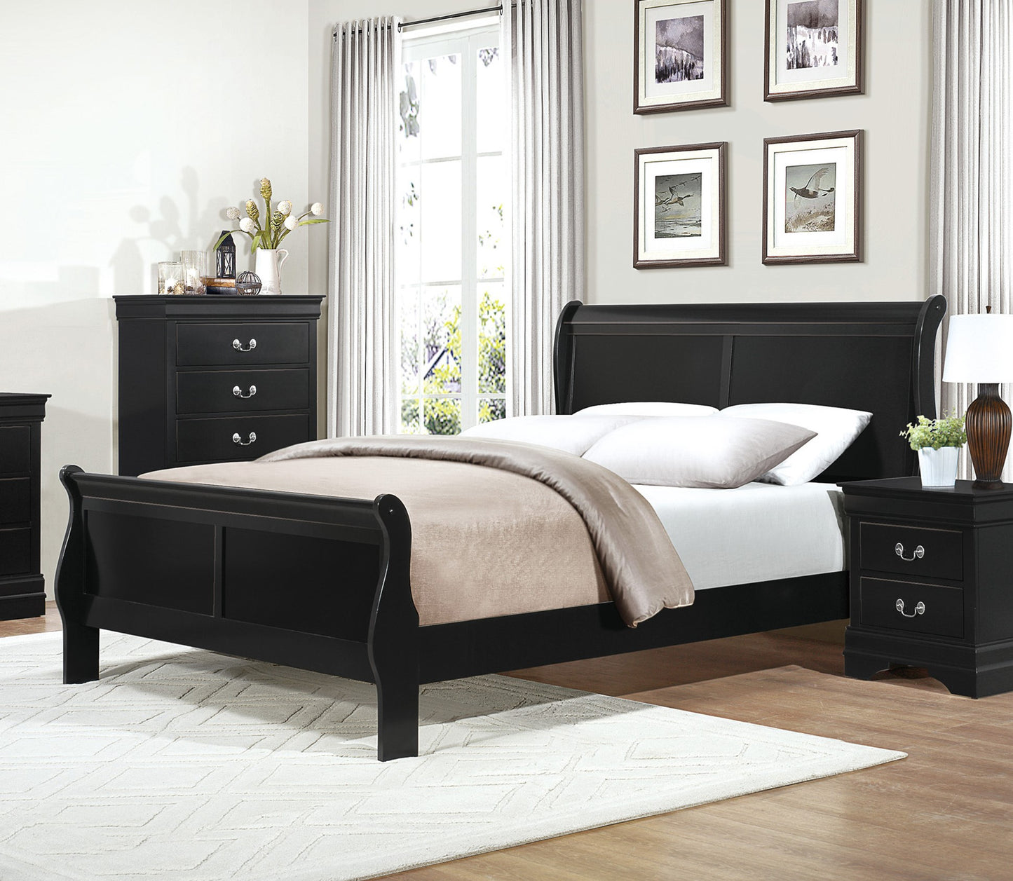 Elegant black sleigh bed with white bedding