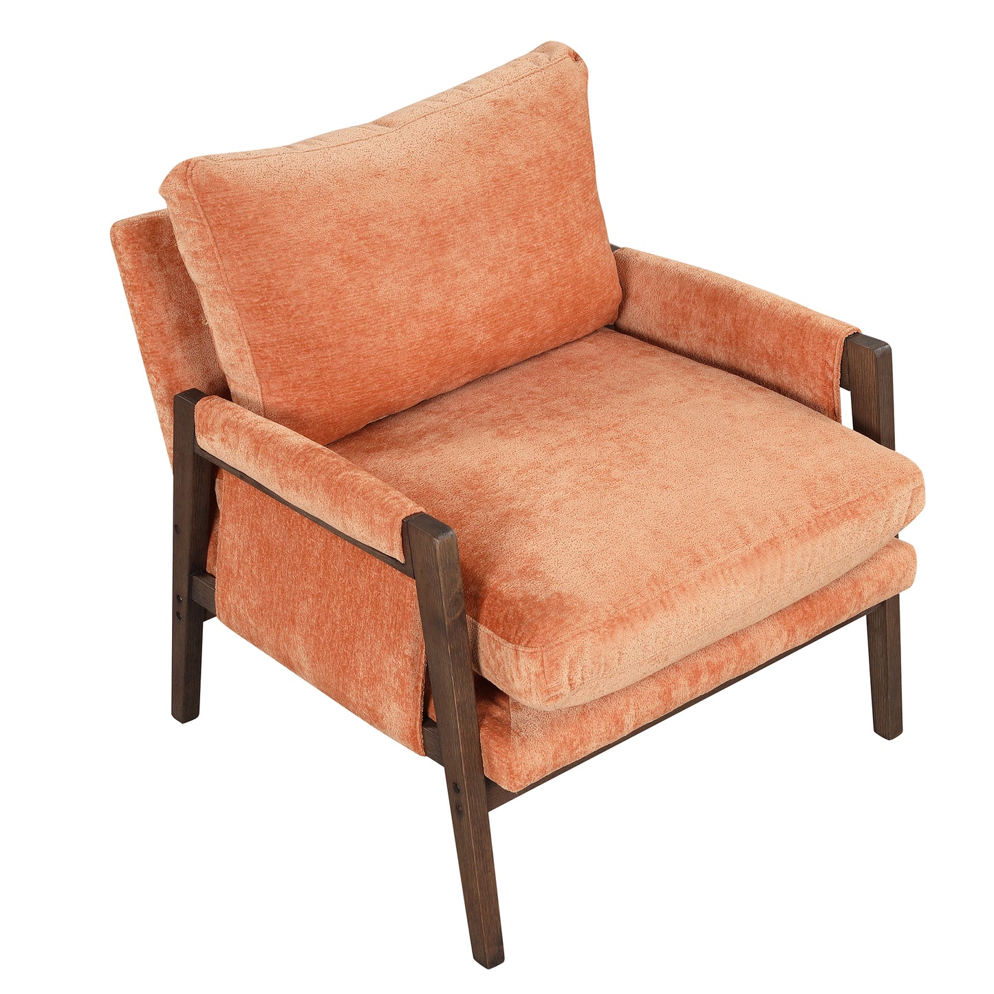 Modern coral velvet accent chair with dark wood frame comfortable lounge seating