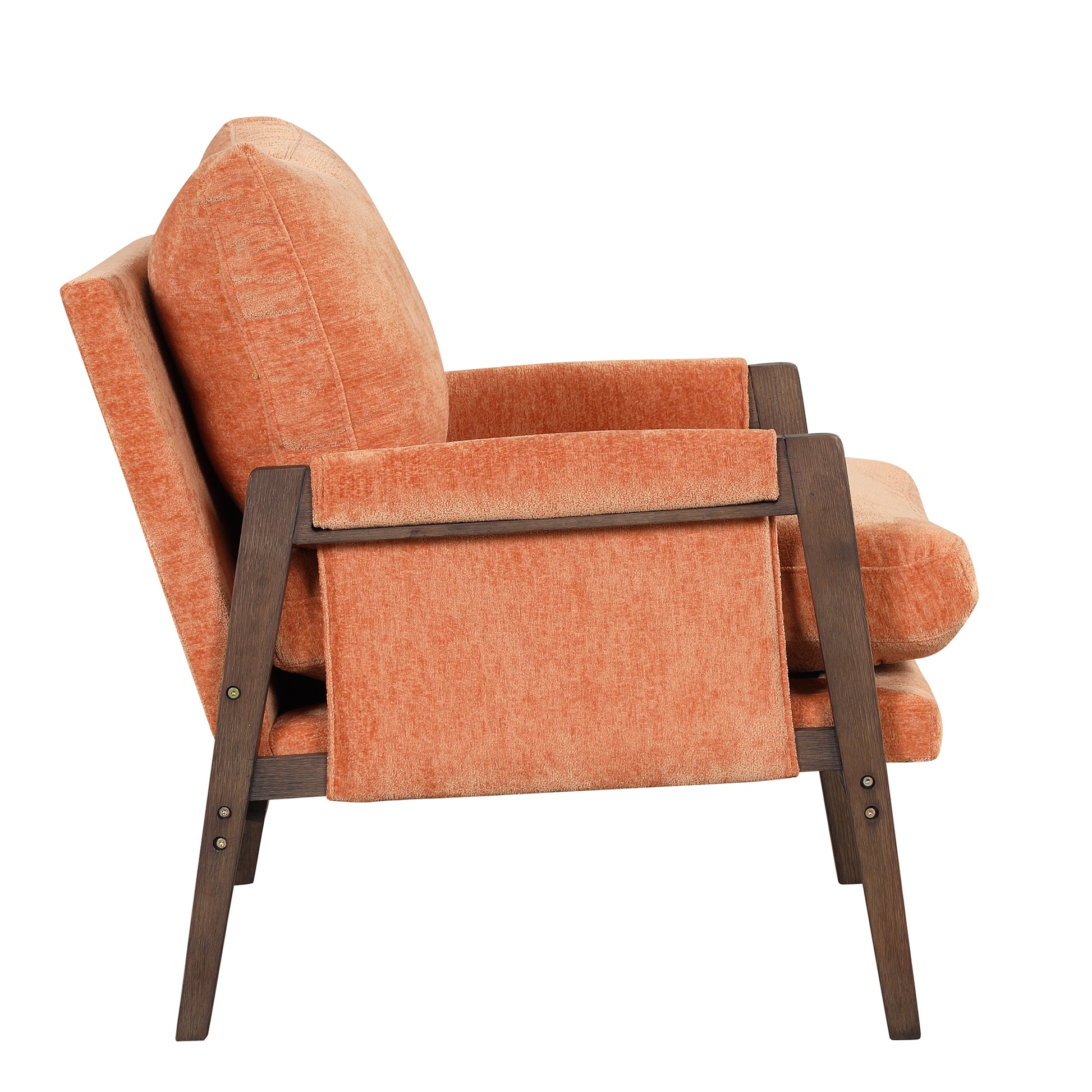 Terracotta accent chair with textured fabric and dark wood frame side view
