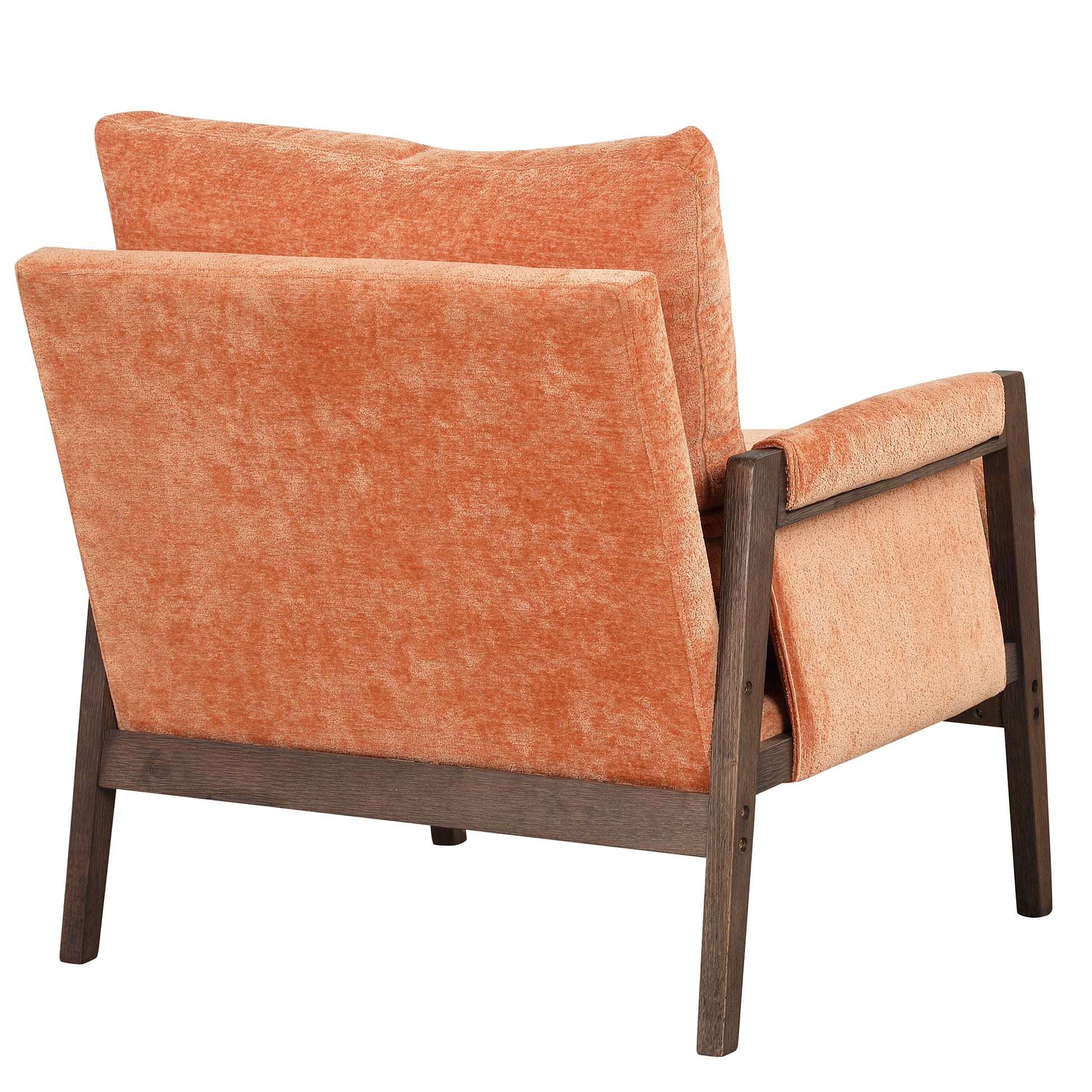 Orange velvet accent chair with dark wood frame modern style