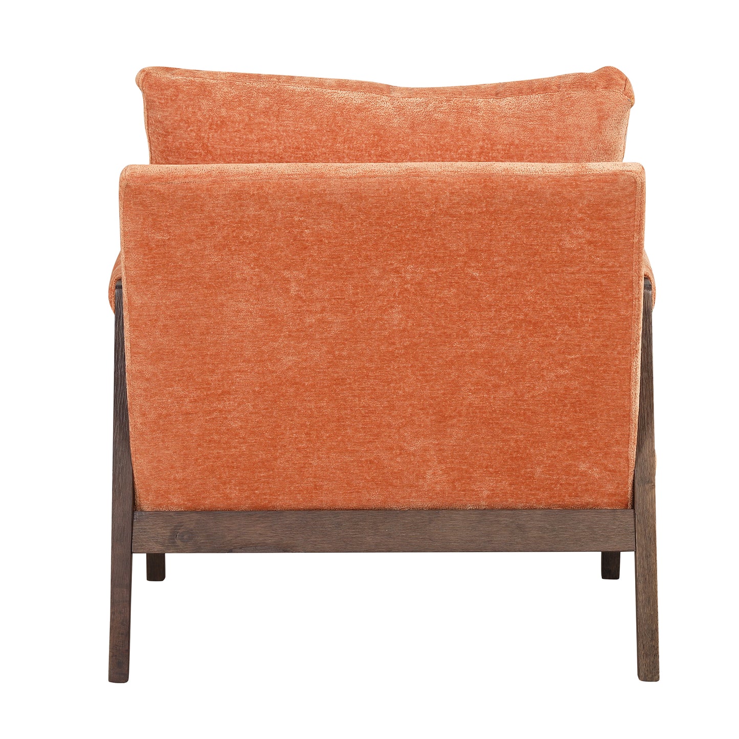 Orange velvet accent chair with dark wood frame back view