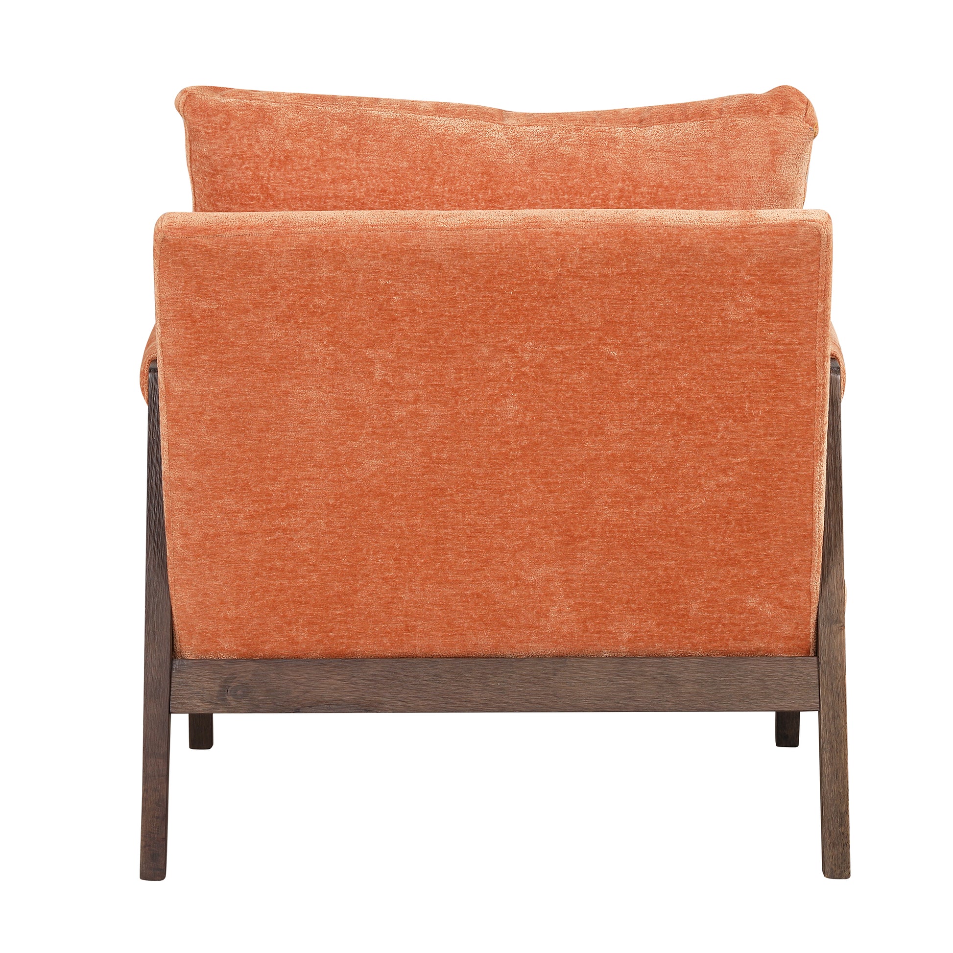Orange velvet accent chair with dark wood frame back view