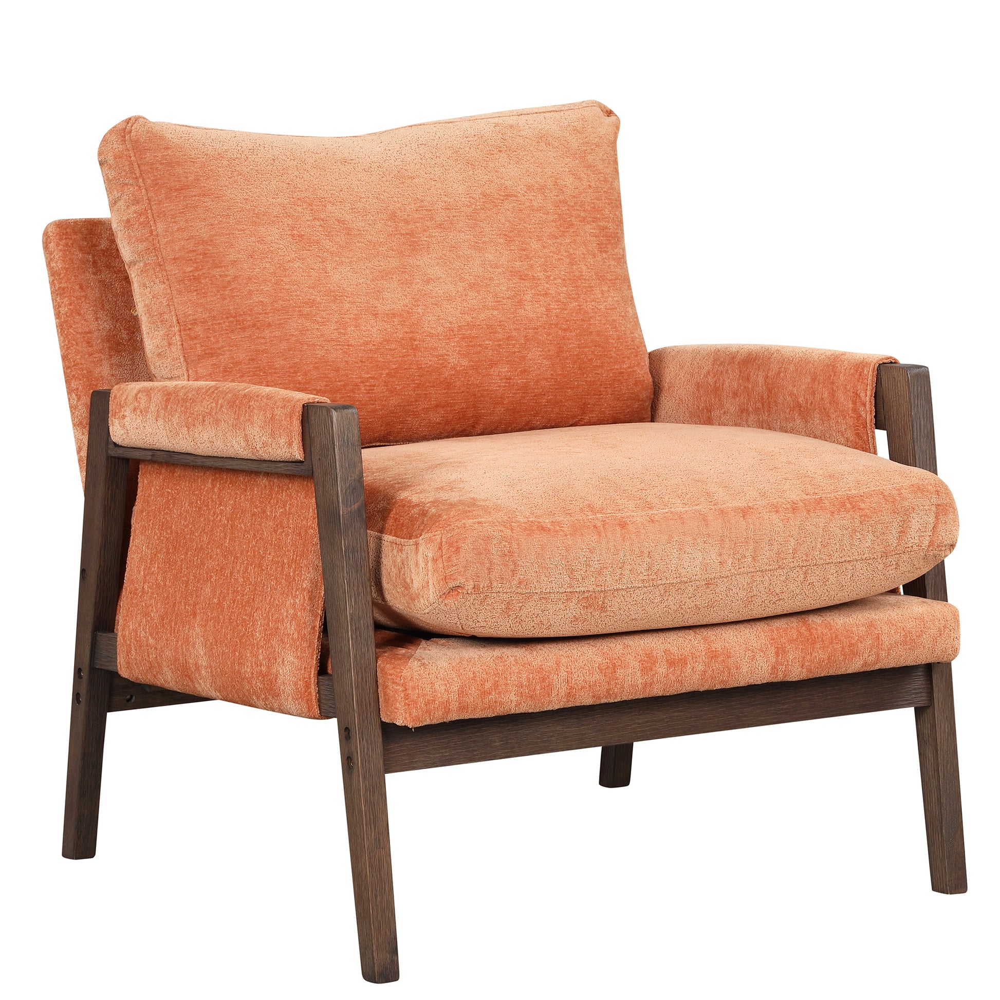 Orange upholstered armchair with dark wood frame and modern minimalist design
