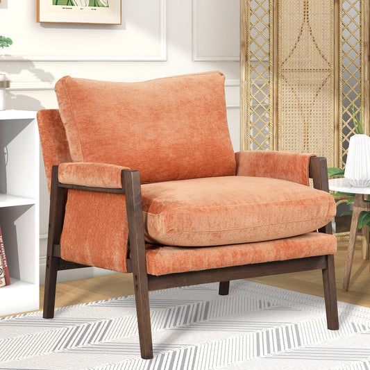 Plush orange accent chair with dark wood frame perfect for modern living rooms
