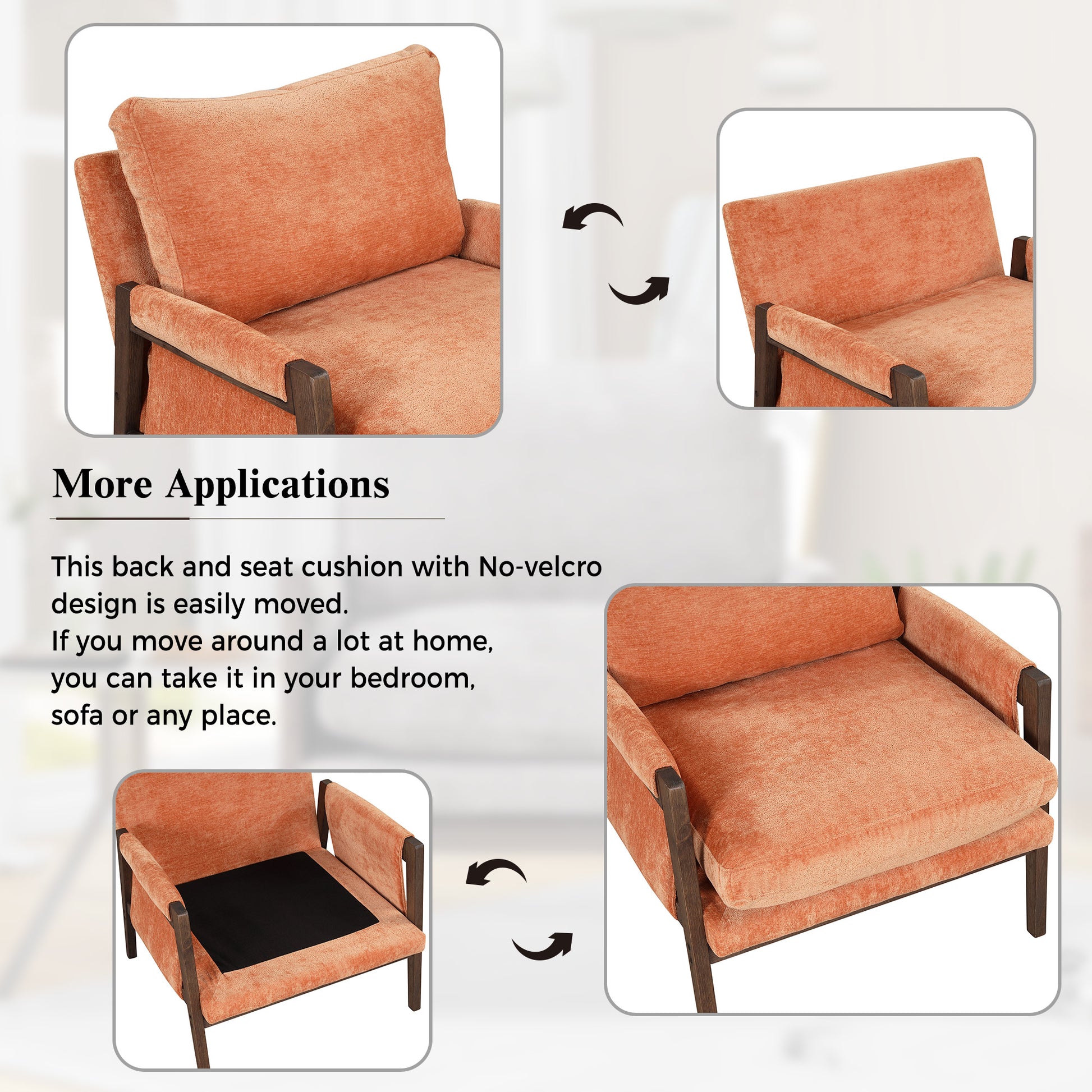 Orange velvet accent chair with dark wood frame
