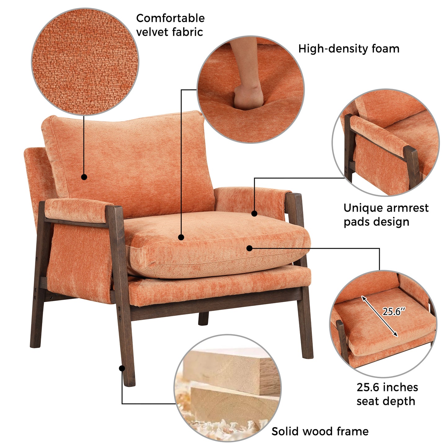 Orange accent chair with comfortable velvet fabric and a solid wood frame for modern living rooms