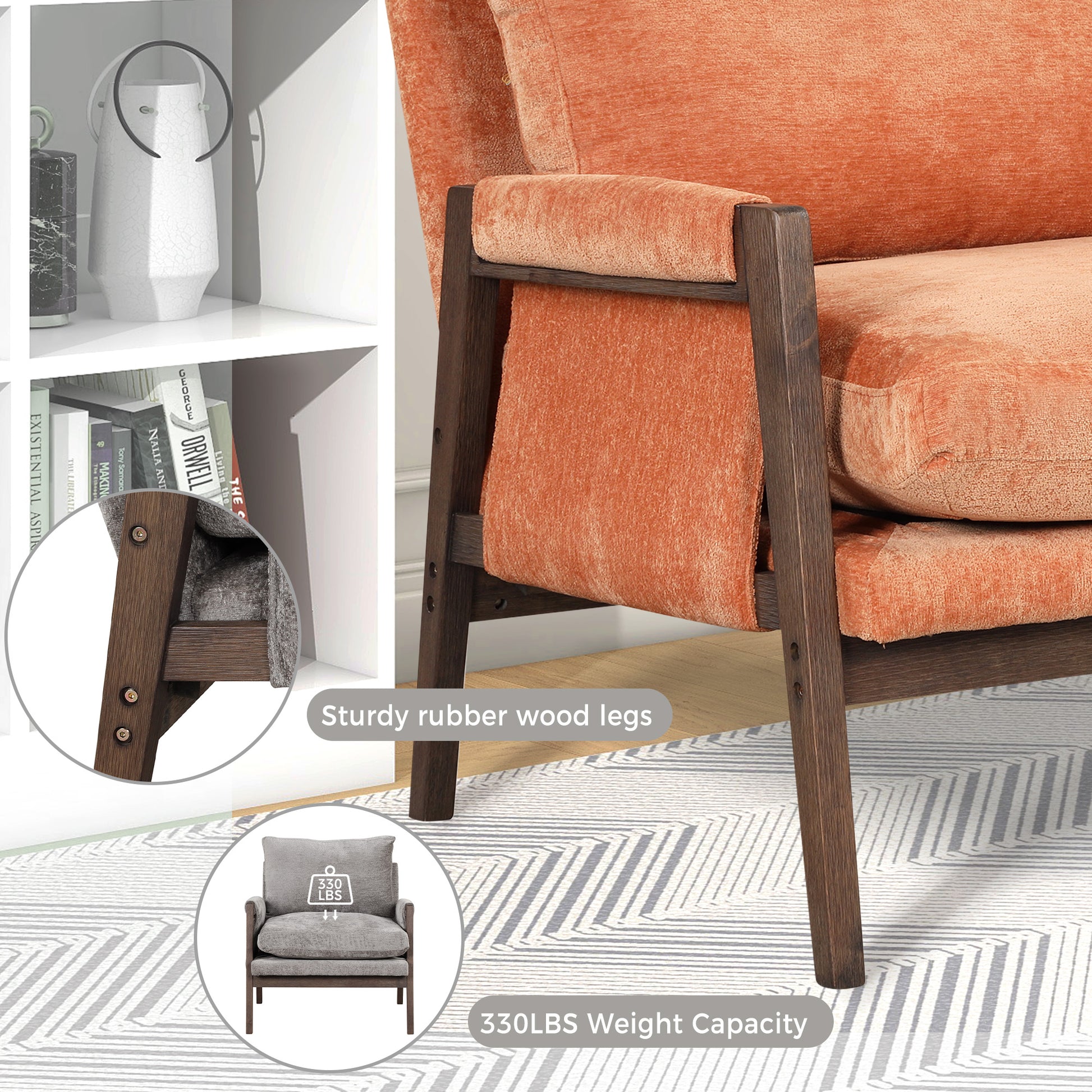 Orange velvet accent chair with sturdy dark wood frame and legs perfect for modern living rooms