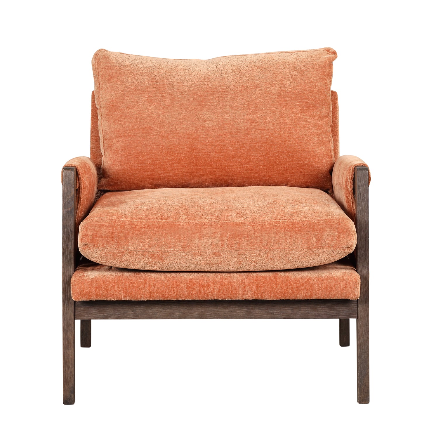 Orange accent chair with plush textured fabric upholstery and dark wood frame