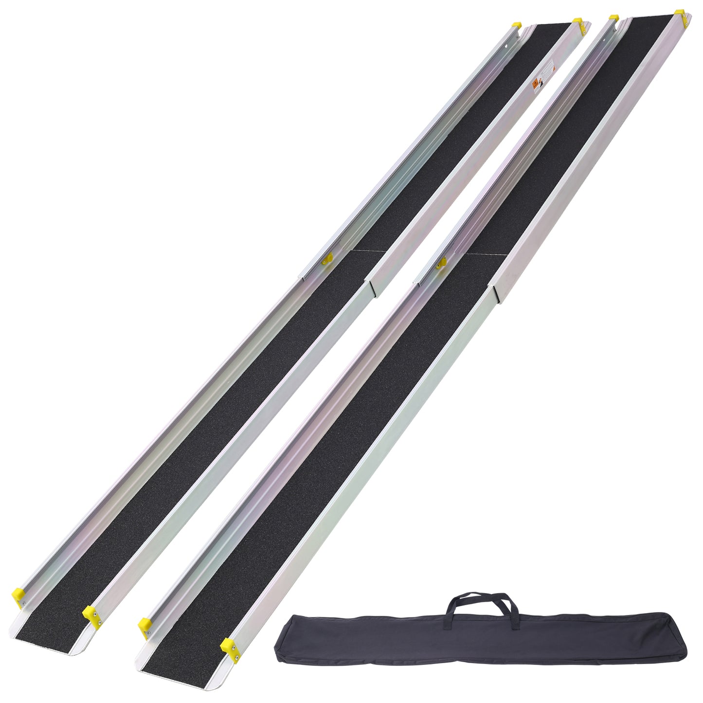 Pair of aluminum ramps with black nonslip surface and yellow end caps