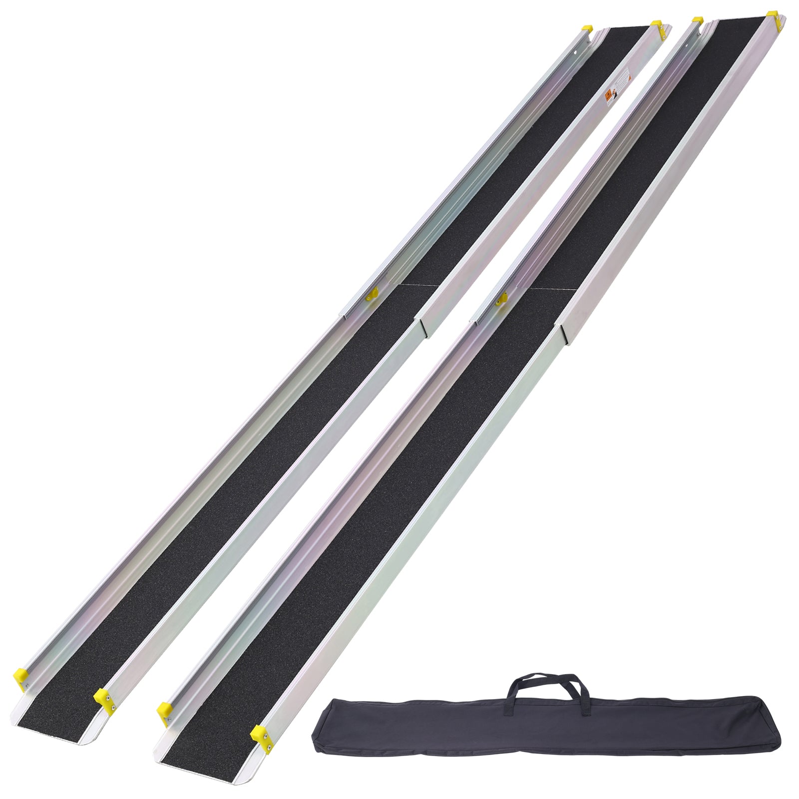 Pair of aluminum ramps with black nonslip surface and yellow end caps