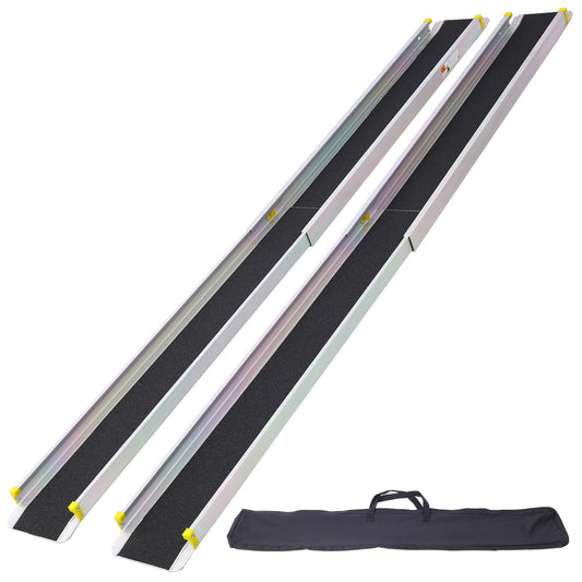 Pair of aluminum ramps with black nonslip surface and yellow end caps