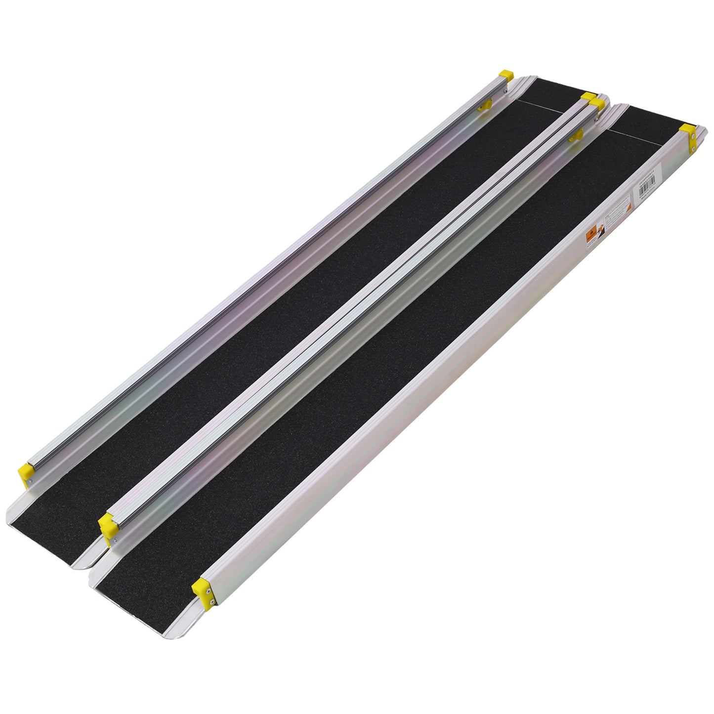 Pair of silver aluminum portable ramps with black grip tape surface for accessibility