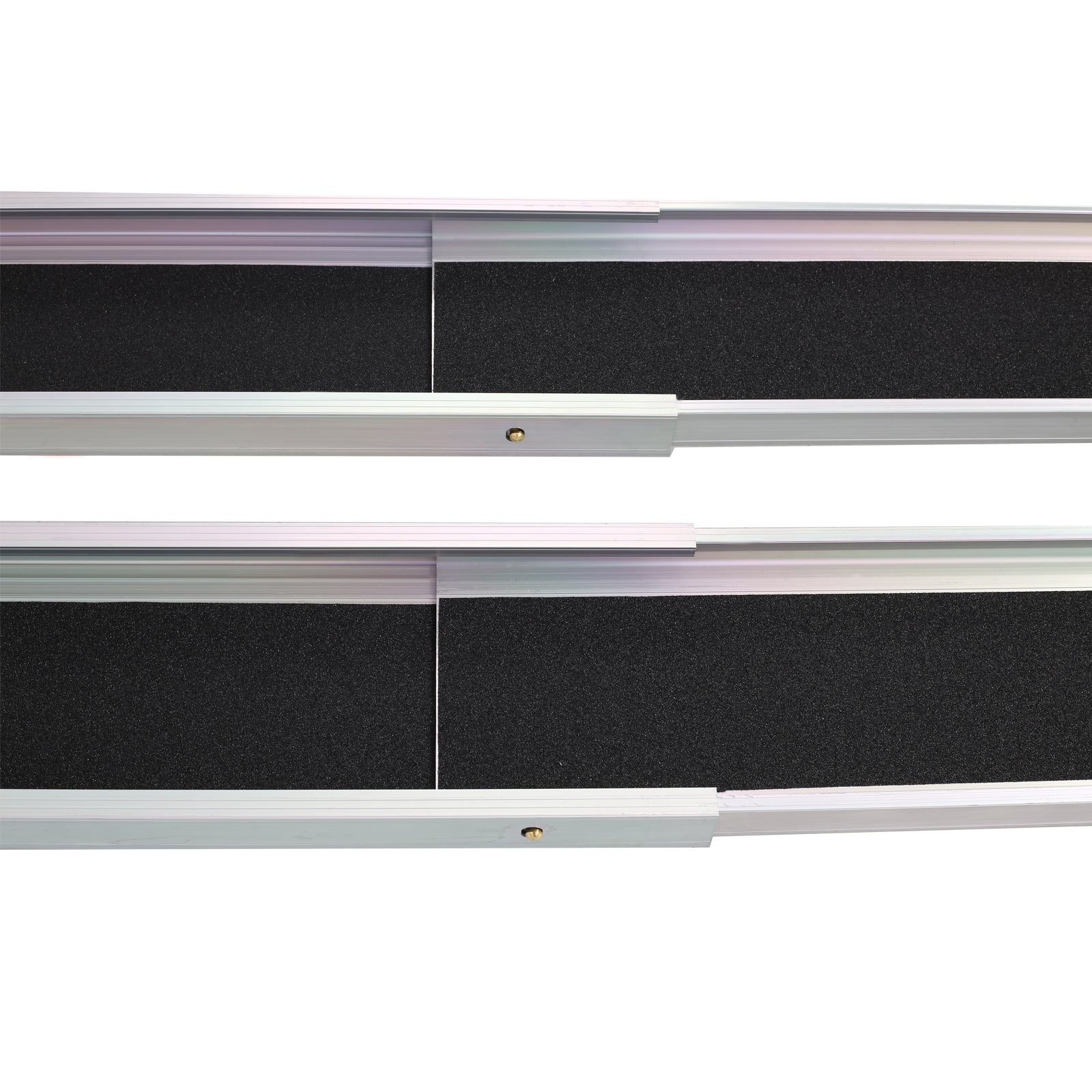 Silver aluminum portable ramp with black nonslip surface for wheelchairs