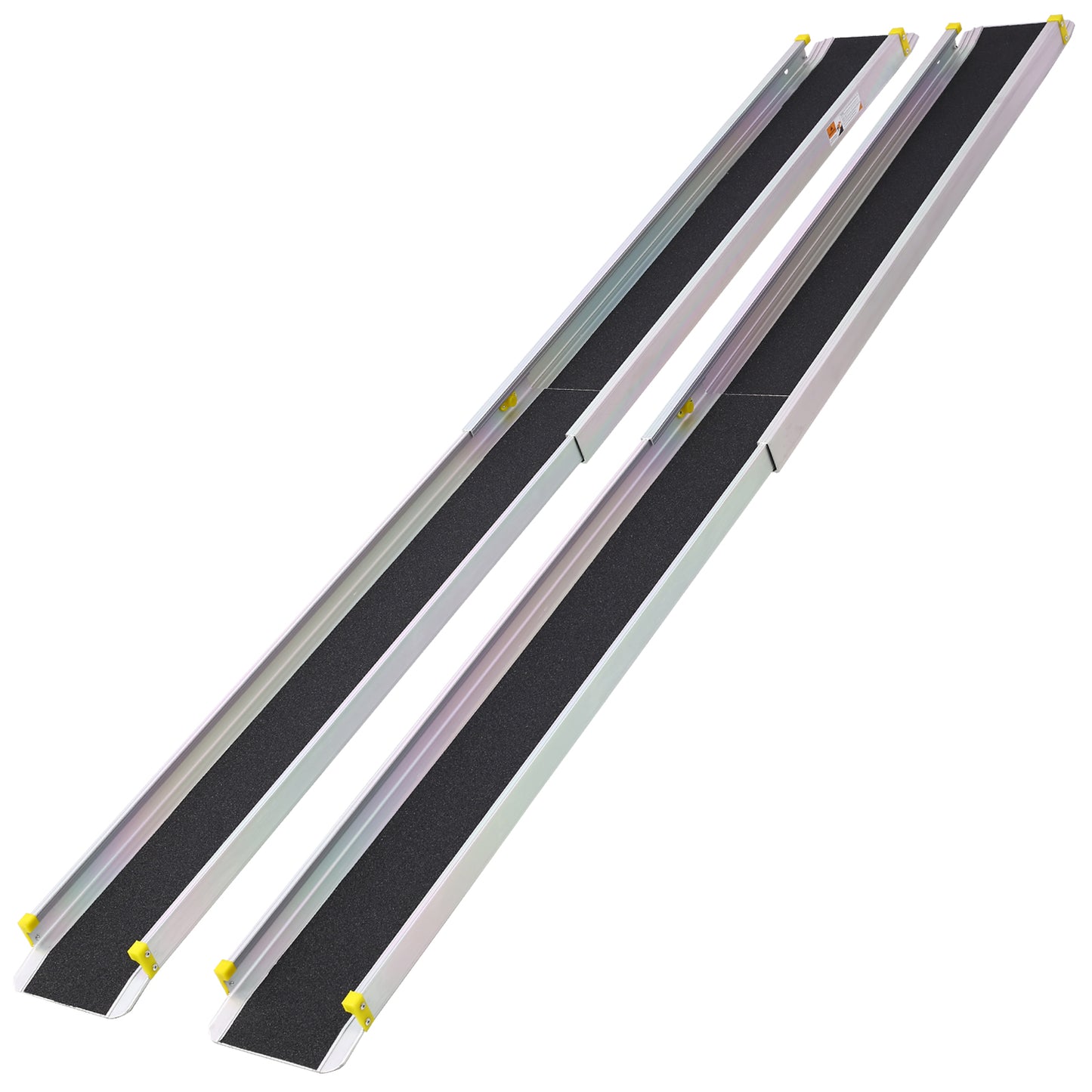 Pair of silver aluminum ramps with black nonslip surface and yellow end caps