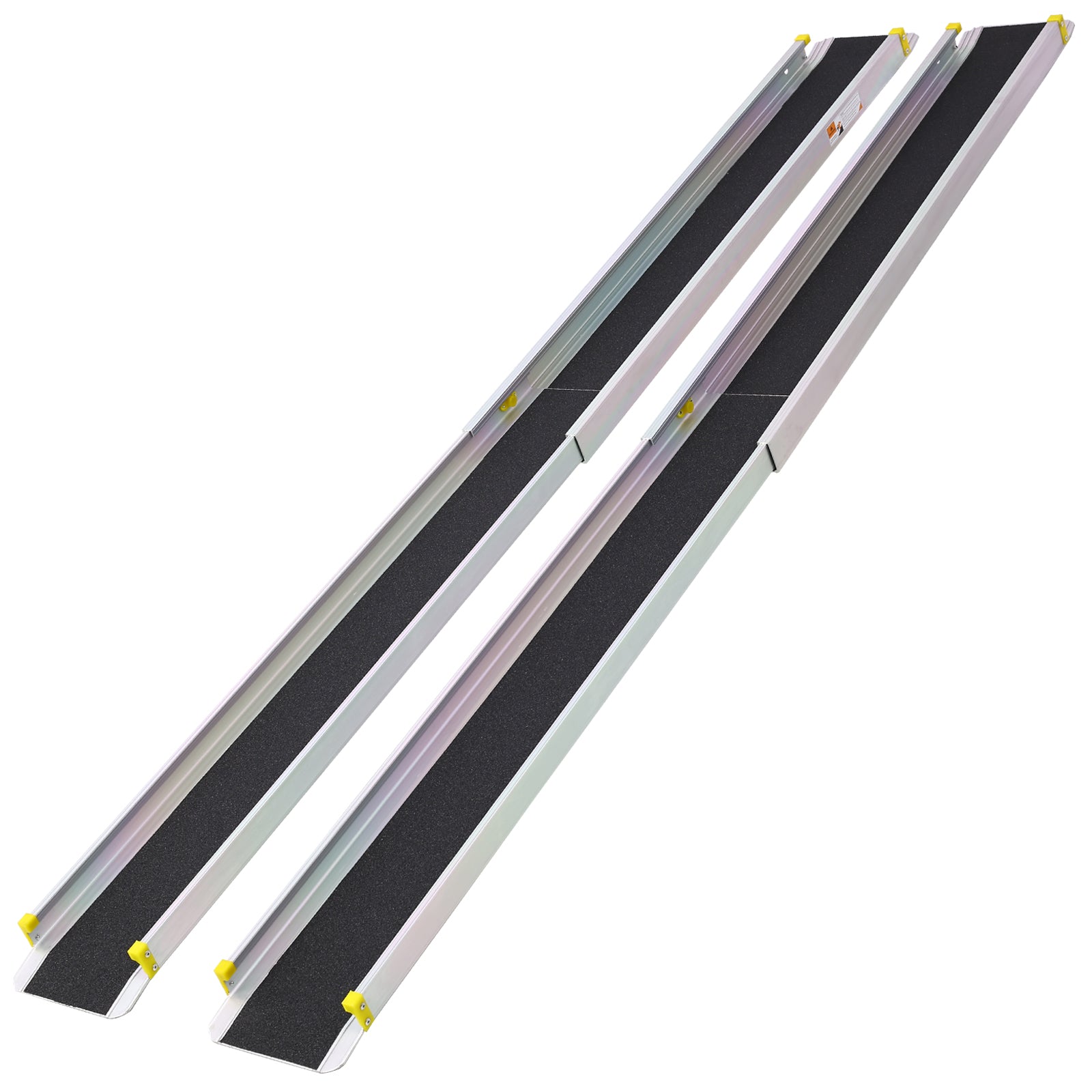Pair of silver aluminum ramps with black nonslip surface and yellow end caps
